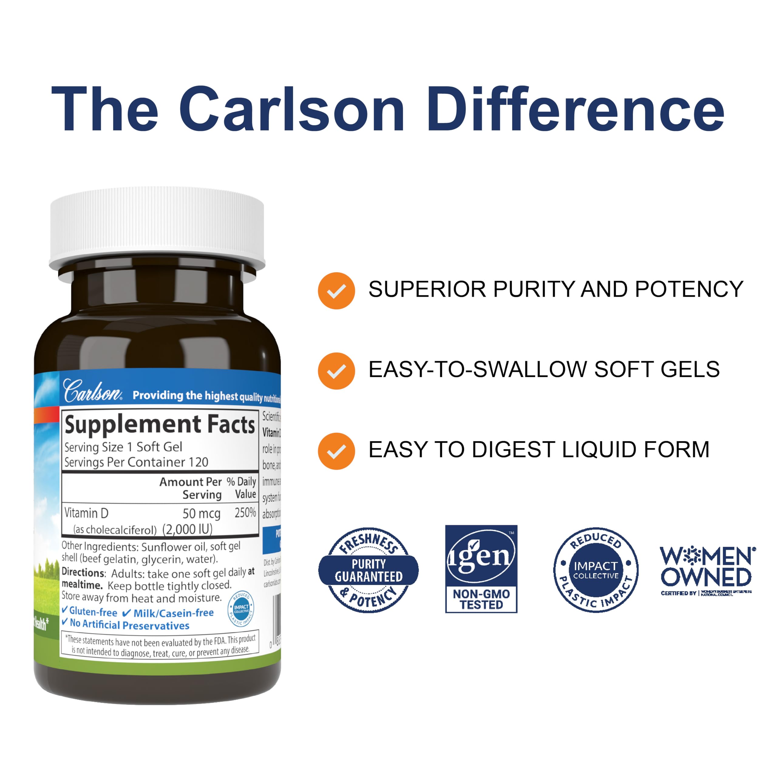 Etiqueta de Carlson Vitamina D con información para consumo diario