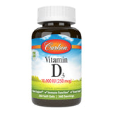 Carlson Vitamina D3 frasco con cápsulas y etiqueta legible, apoyo a la salud ósea