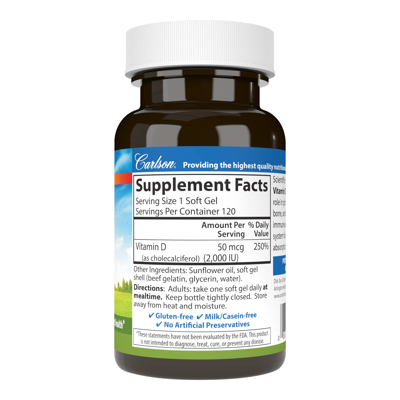 Carlson Vitamina D3, etiqueta clara en el envase para dosis diaria.
