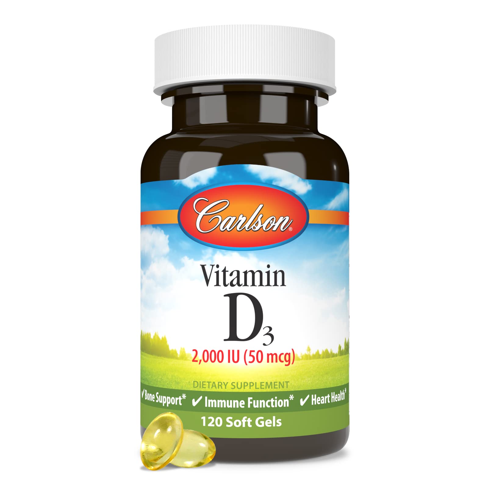 Carlson Vitamina D3, presentación de 120 cápsulas para uso sostenido.
