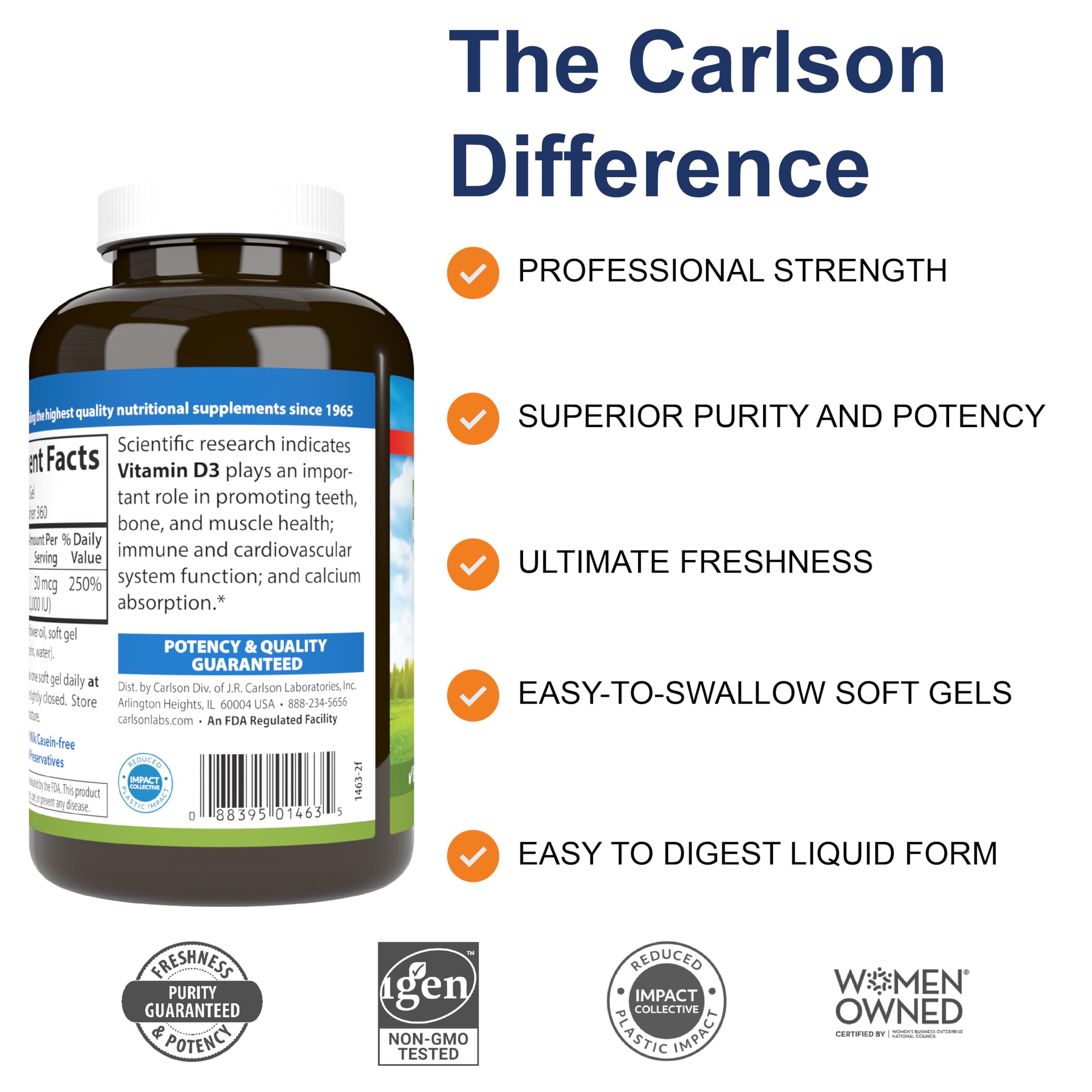 Carlson Vitamina D3 2000 UI, cápsulas visibles para uso práctico diario