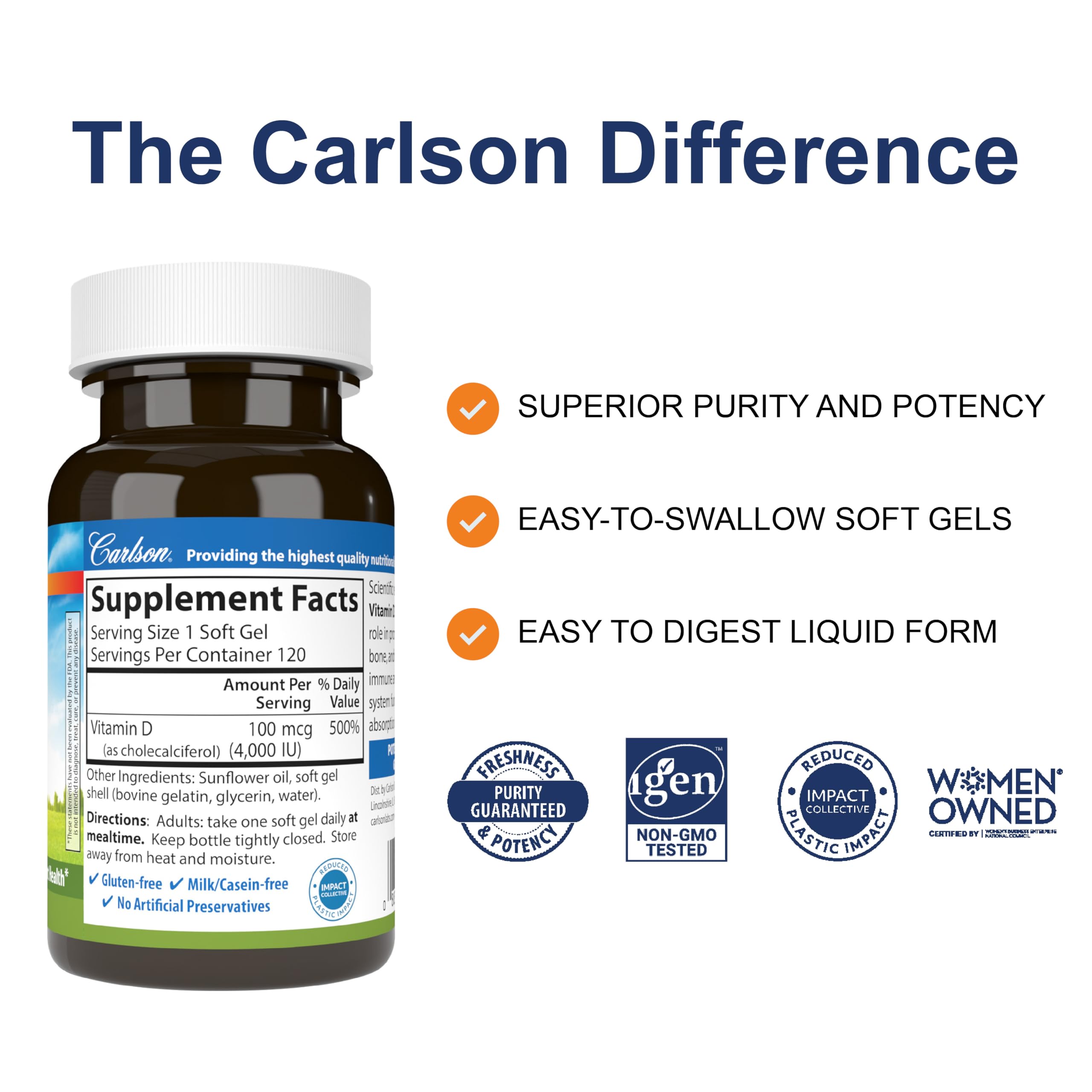 Carlson Vitamina D3 4000 UI botella frontal: apoyo diario para huesos y músculos