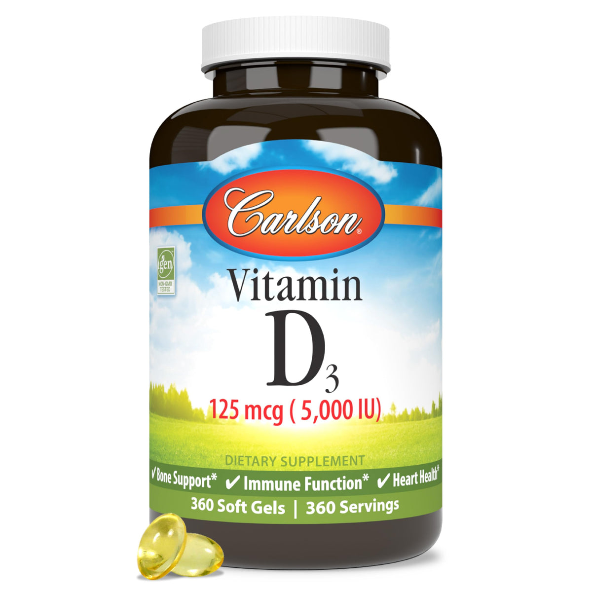 Carlson Vitamina D3 5000 UI en botella, apoyo para huesos y músculos