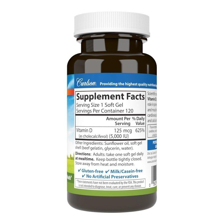 Carlson Vitamina D3 5000 UI, cápsula blanda con etiqueta, facilita la suplementación diaria.