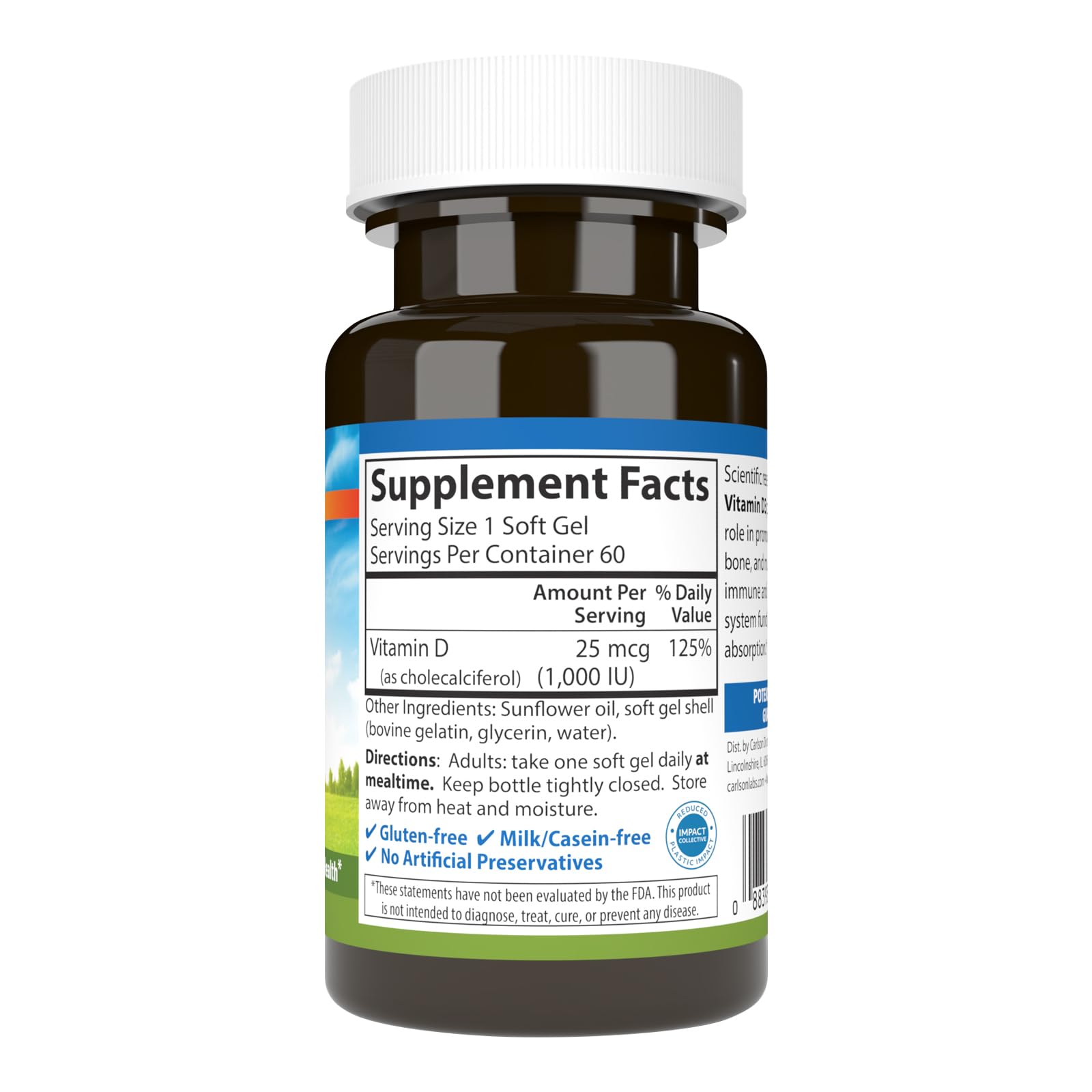 Carlson Vitamina D3: cápsulas suaves fáciles de tragar para el metabolismo del calcio y fósforo