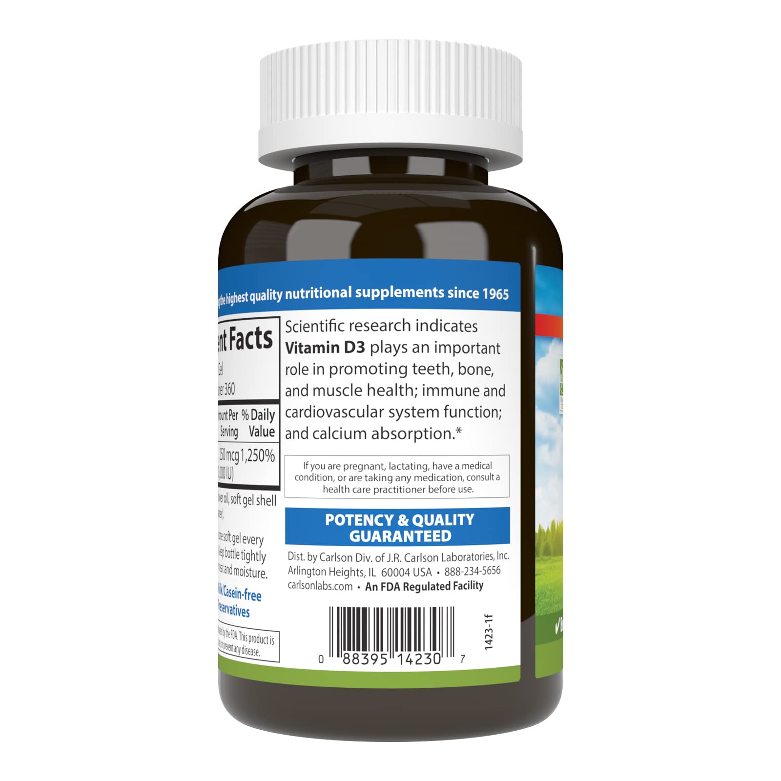 Carlson Vitamina D3 10000 UI, etiqueta que destaca dosis para uso diario