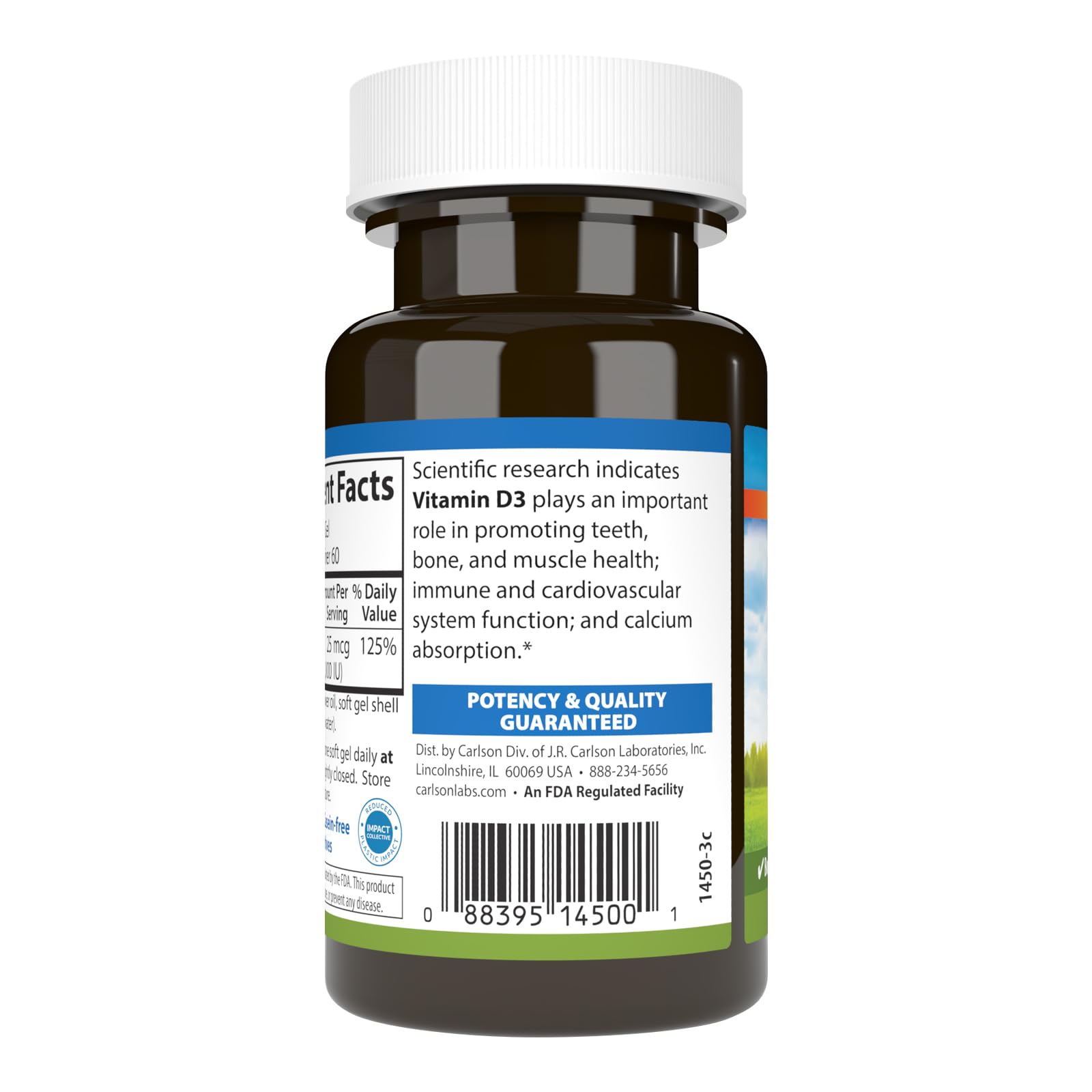 Carlson Vitamina D3: etiqueta clara con información de potencia y calidad
