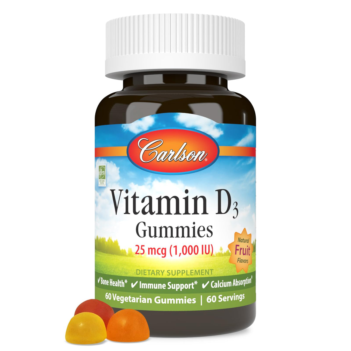 Carlson gomitas vitamina D3 en botella para apoyar huesos y sistema inmune.
