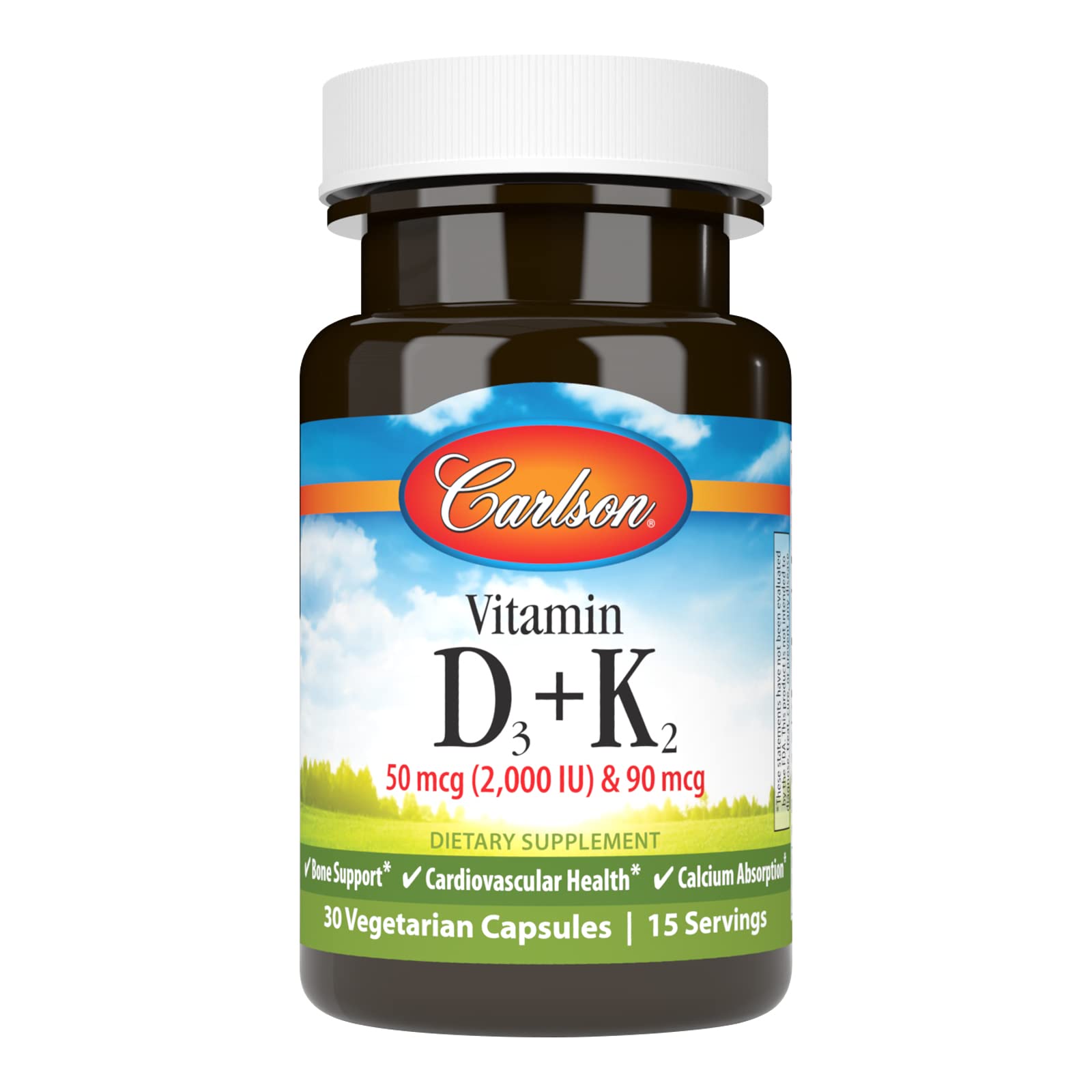 Carlson D3 + K2, botella frontal, apoyo a la salud ósea