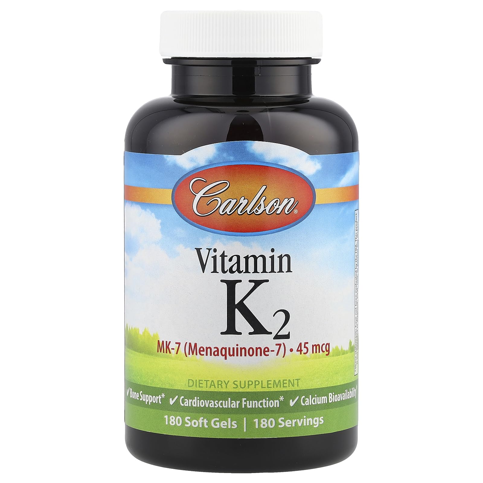 Carlson Vitamina K2-7 MK-7, botella en primer plano, apoya la salud cardiovascular