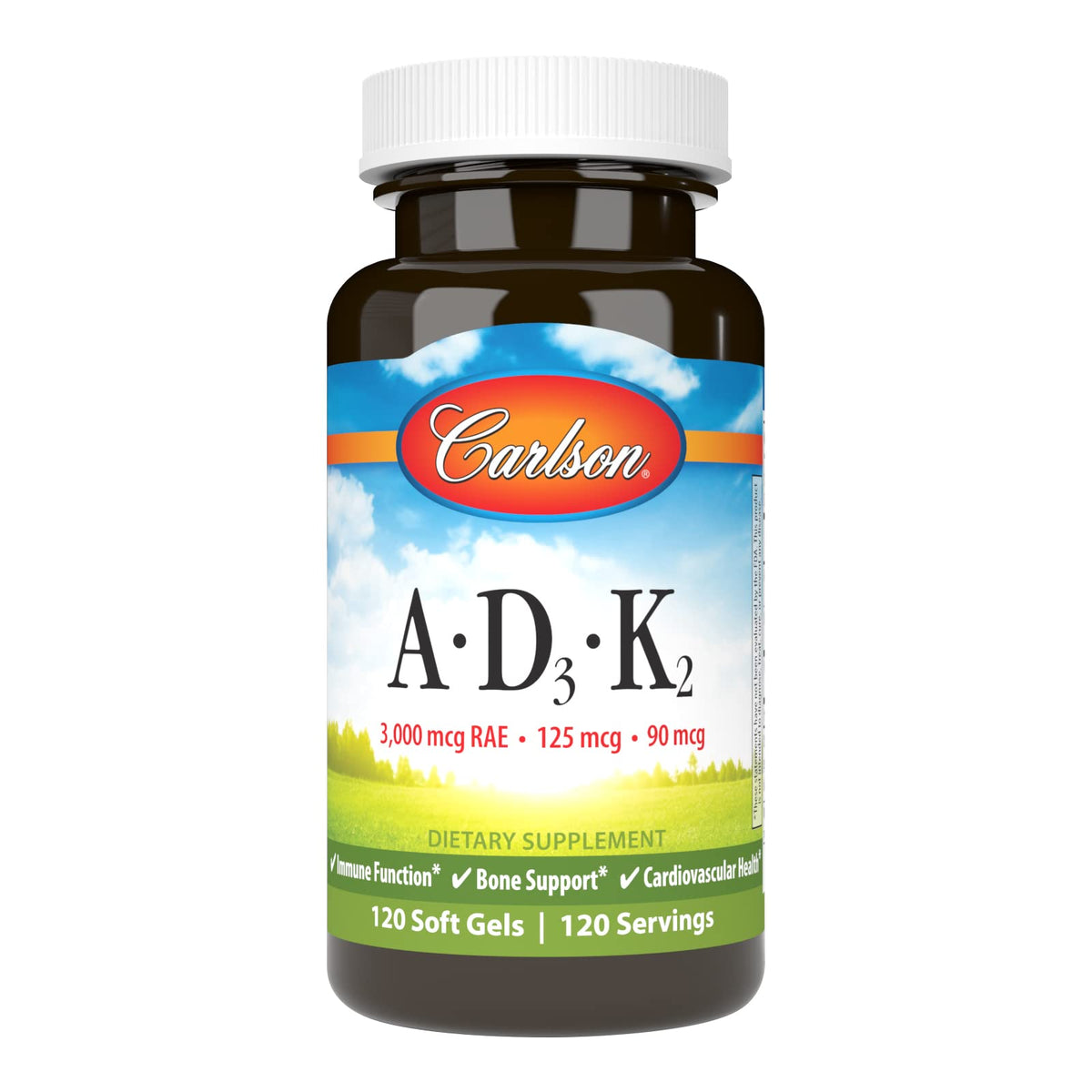 Carlson vitaminas A, D3 y K2: botella con cápsulas para uso diario.