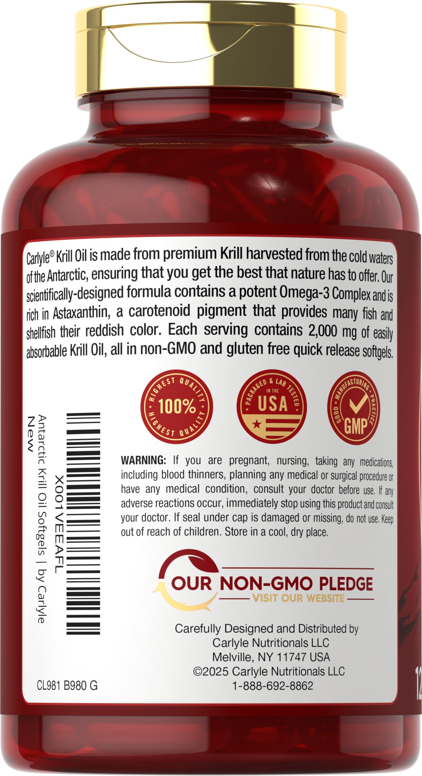 Etiqueta de Carlyle Aceite de Krill Antártico con información de pureza para compra informada.