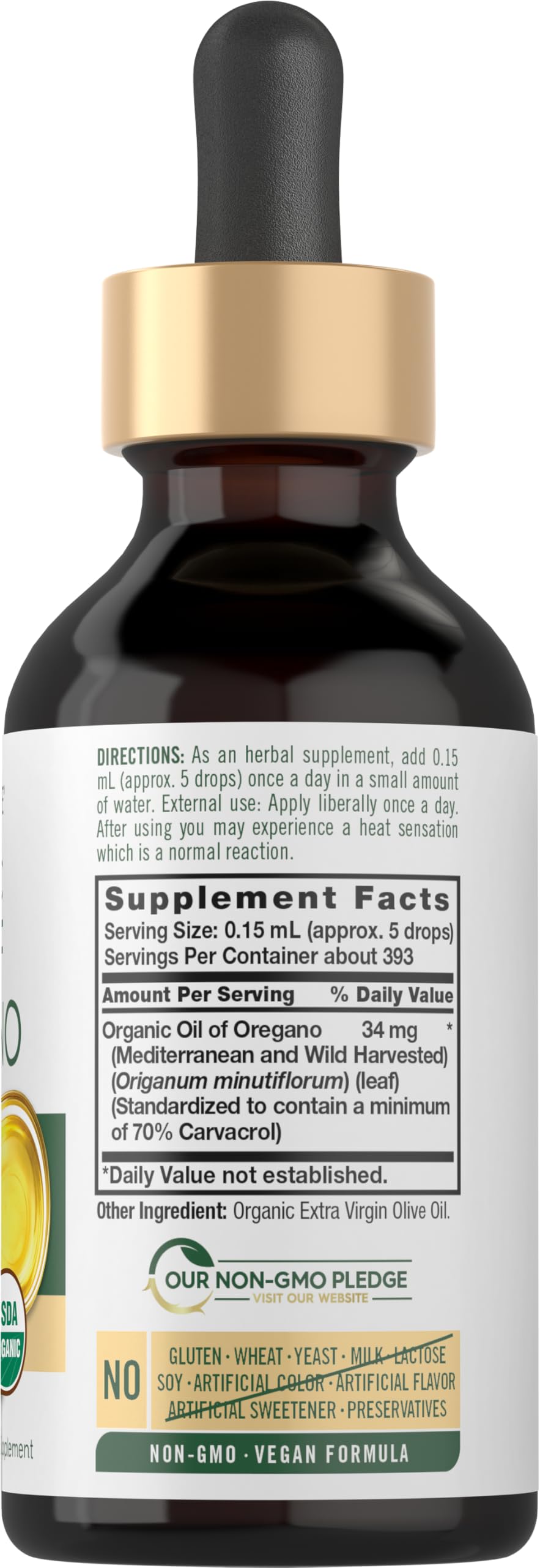 Botella Carlyle de Aceite de Orégano Orgánico con gotero para dosificación precisa.