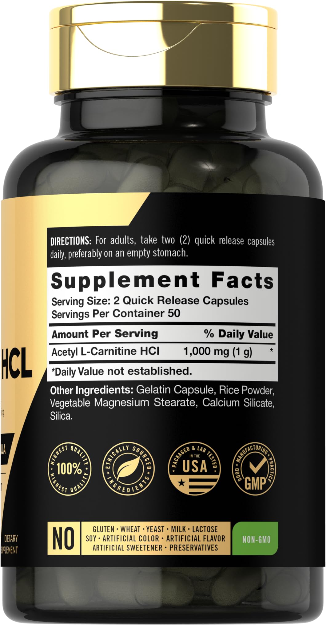 Envase transparente Carlyle Acetyl L-Carnitine HCL con cápsulas
