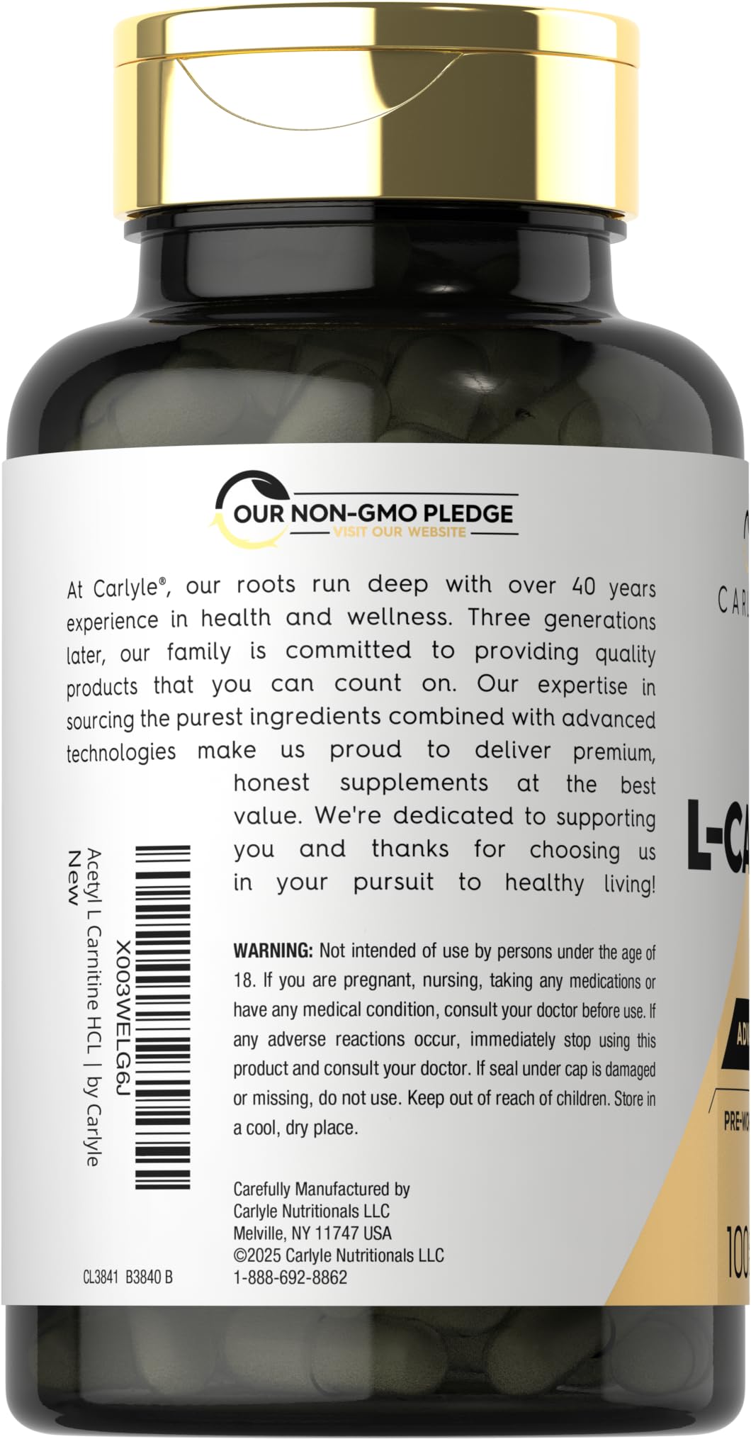 Etiqueta del producto Carlyle Acetyl L-Carnitine HCL para lectura rápida