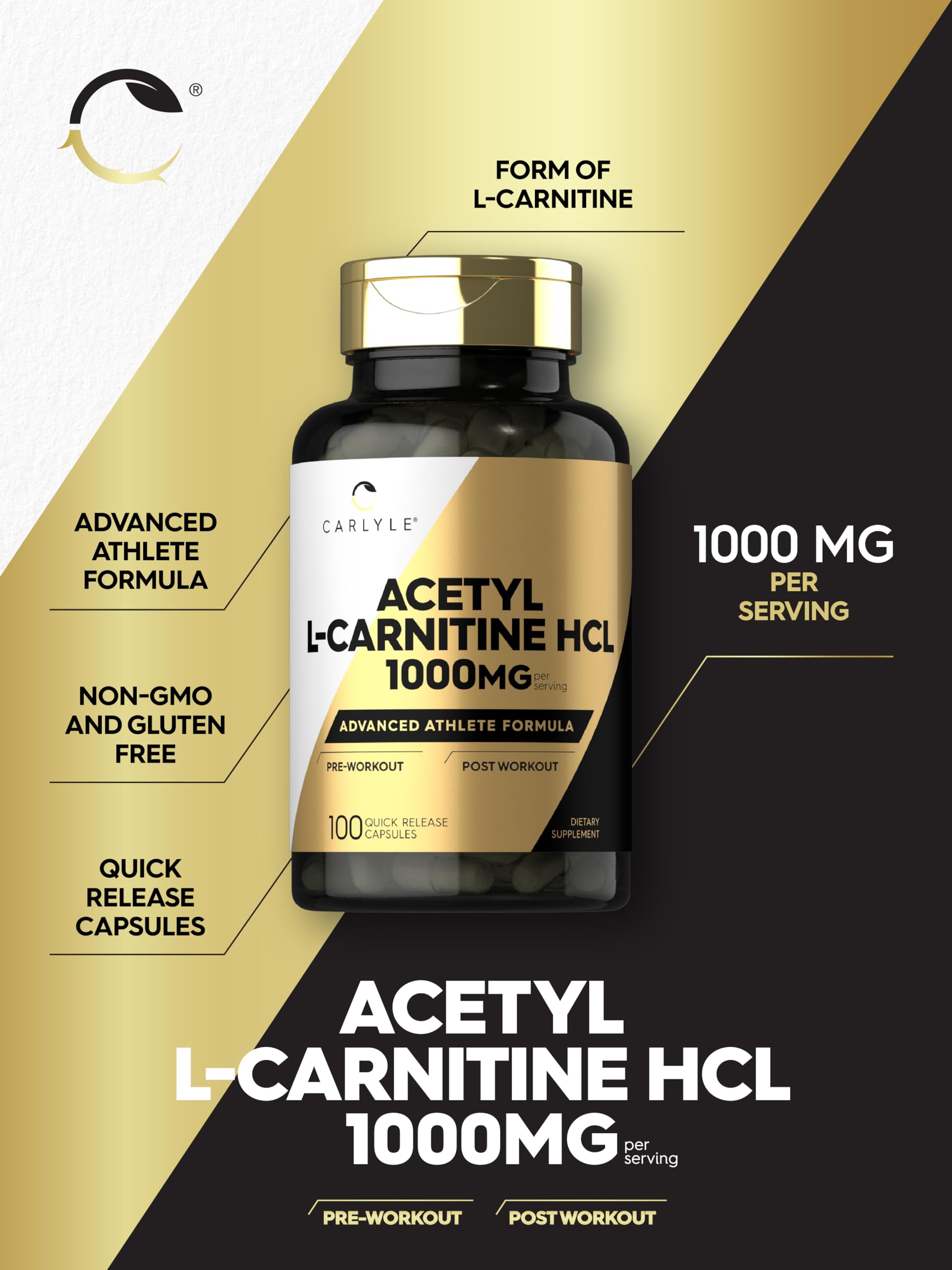 Frente del envase Carlyle Acetyl L-Carnitine HCL para pre-entrenamiento