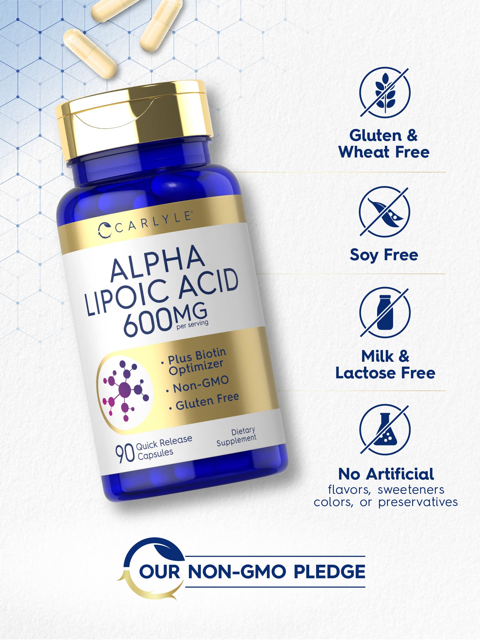 Carlyle Ácido Alfa Lipoico 600 mg con Biotina: caja elegante para la estantería.