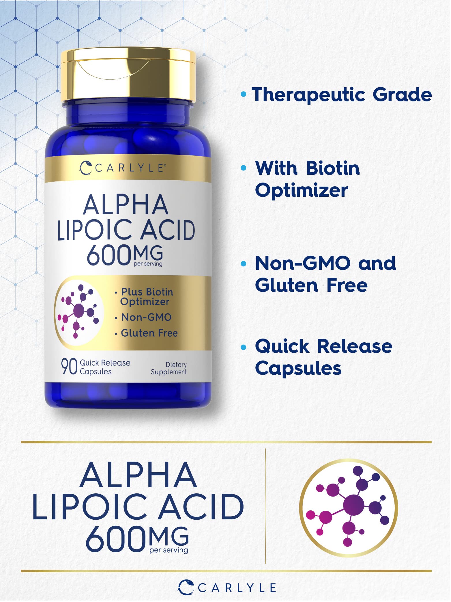 Carlyle Ácido Alfa Lipoico 600 mg con Biotina: etiqueta clara que destaca calidad de los ingredientes.