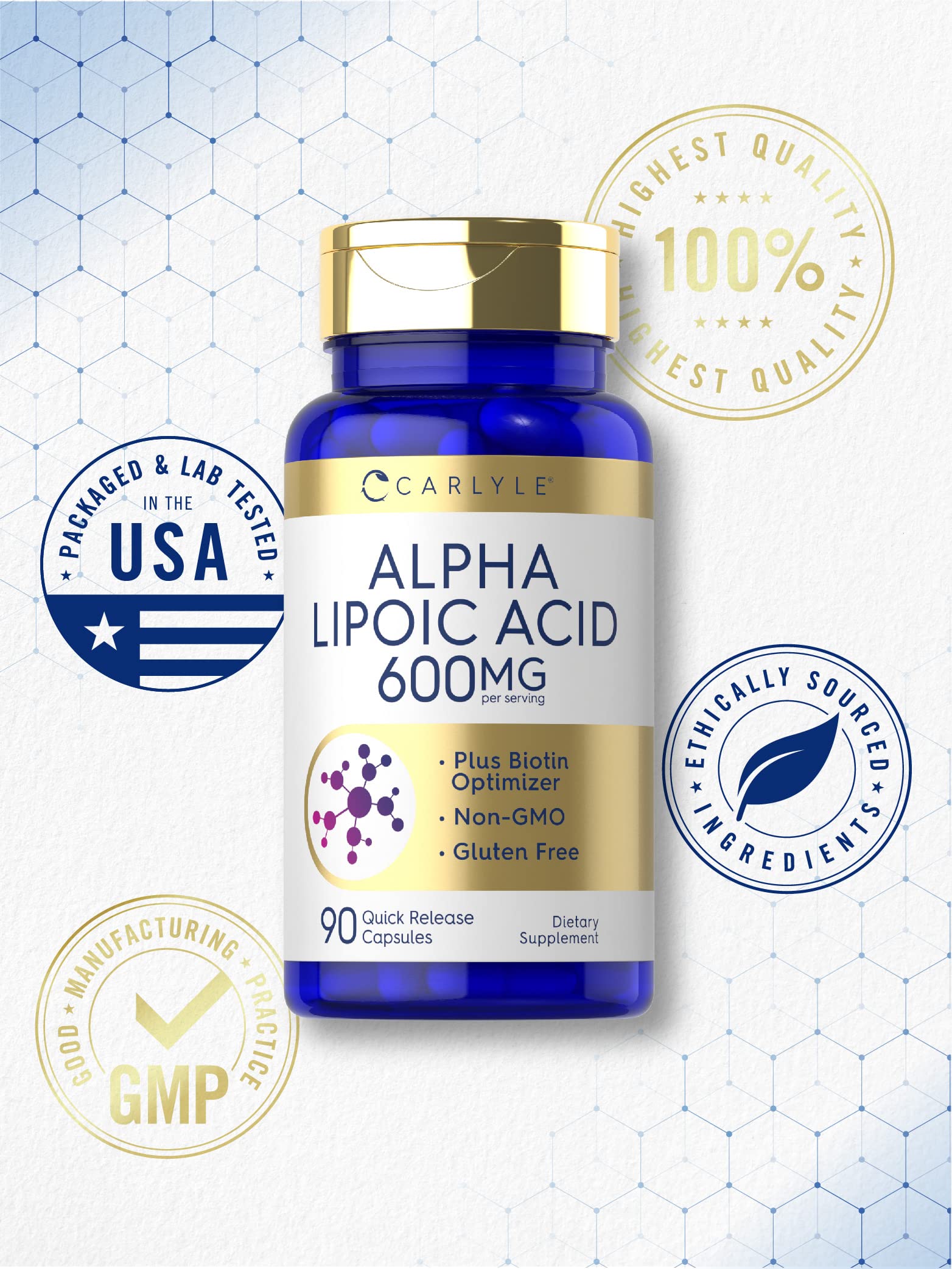 Carlyle Ácido Alfa Lipoico 600 mg con Biotina: ingredientes libres de gluten y no transgénicos.