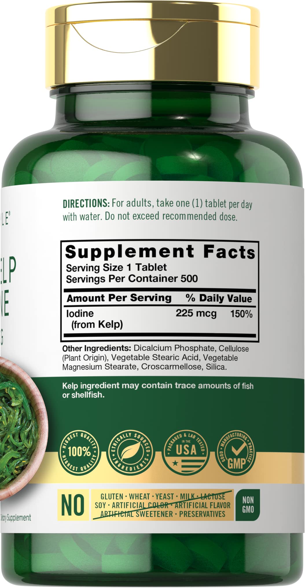 Tabletas Carlyle de alga marina yodo, dosis de 225 mcg por tableta