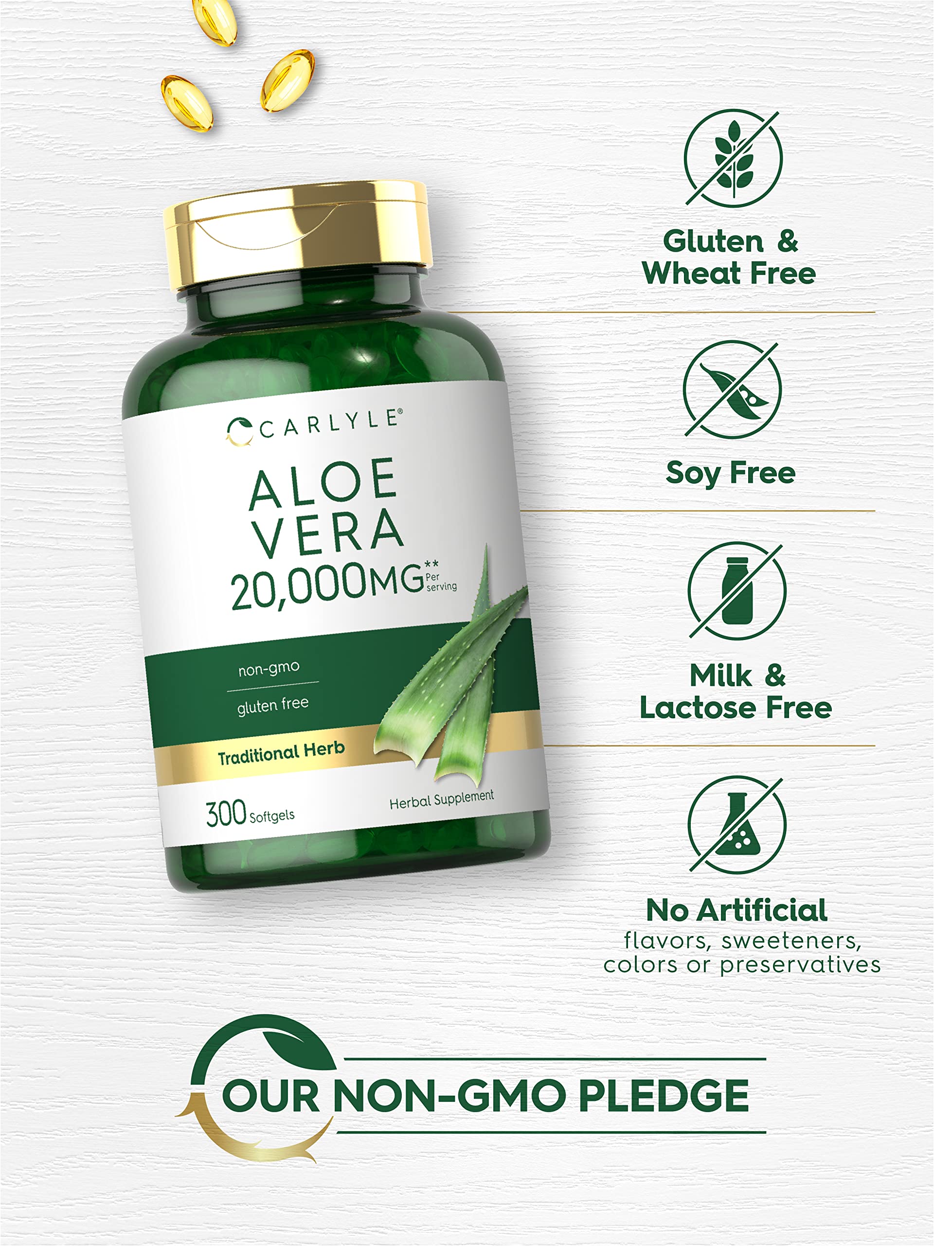 Carlyle Aloe Vera Cápsulas Blandas: etiqueta de laboratorio con ingredientes de confianza.
