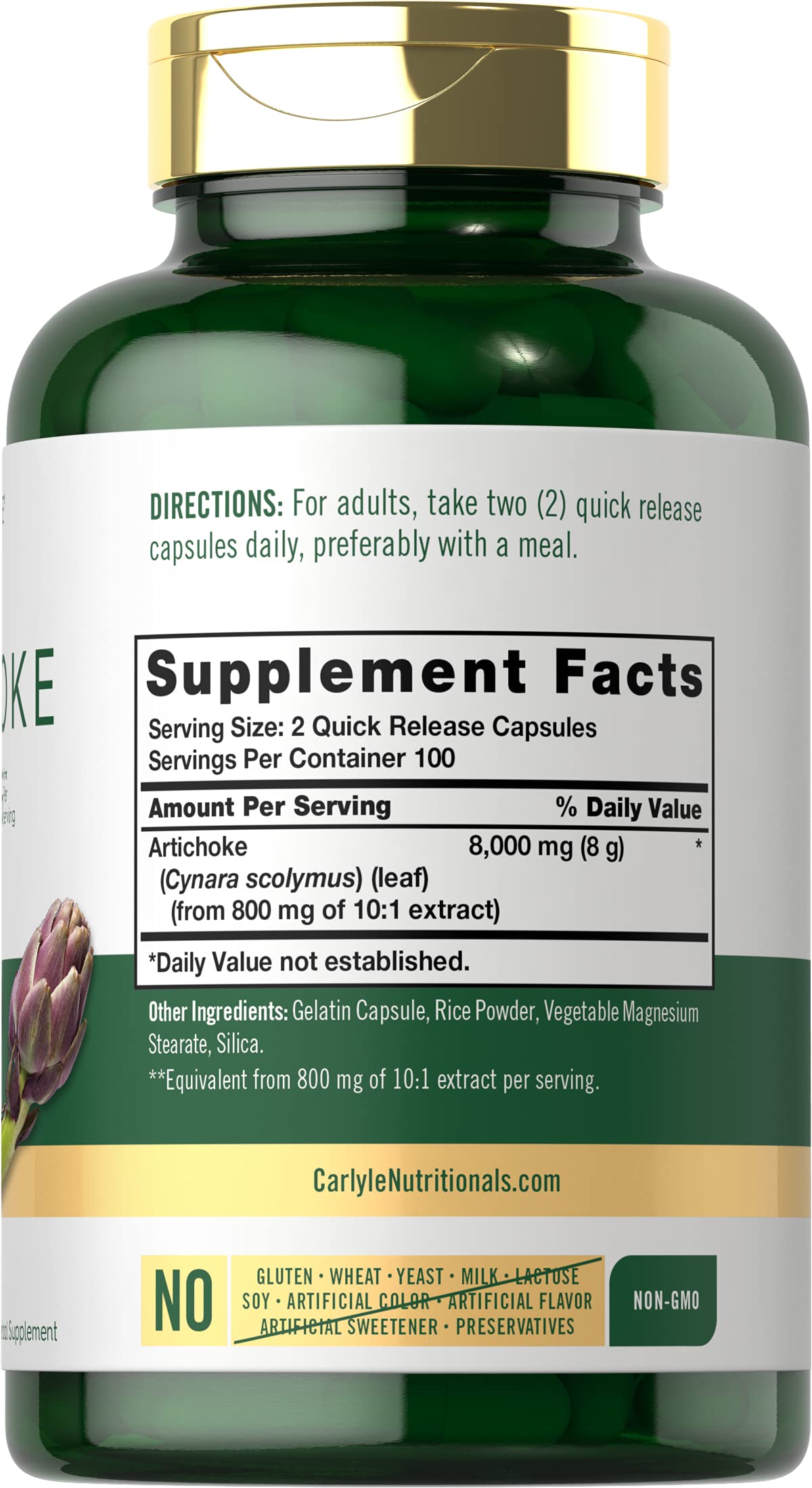 Cápsulas de Carlyle Artichoke Extract, primer plano de la botella.