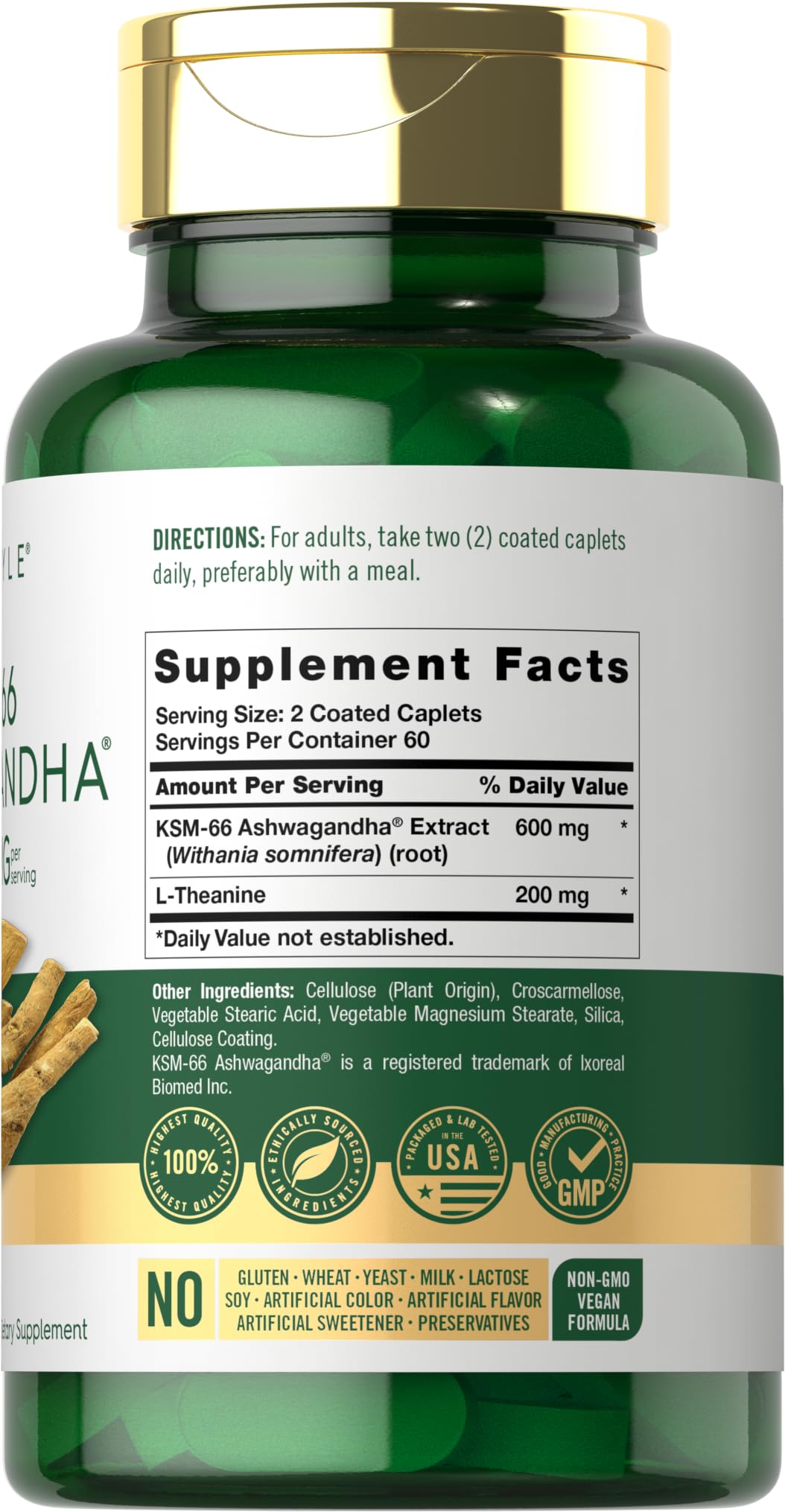 Caplets veganos Carlyle Ashwagandha listos para tomar con L-Theanine