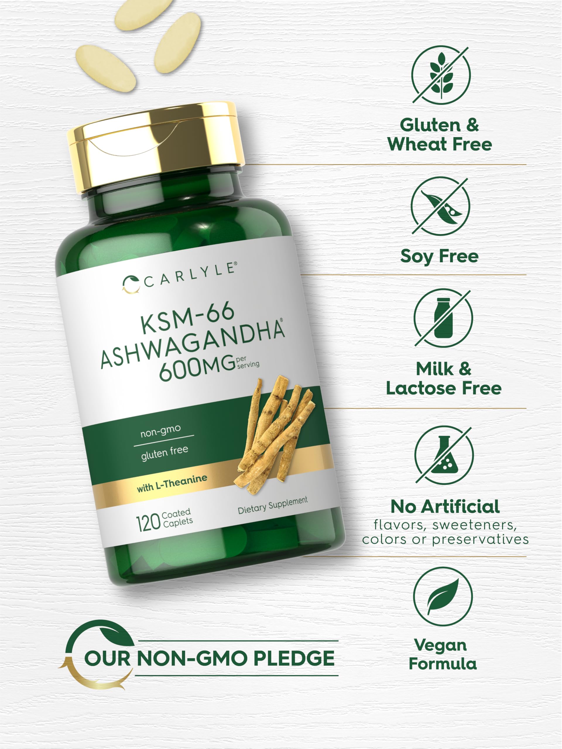 Envase Carlyle Ashwagandha con 120 caplets, práctico para la rutina diaria