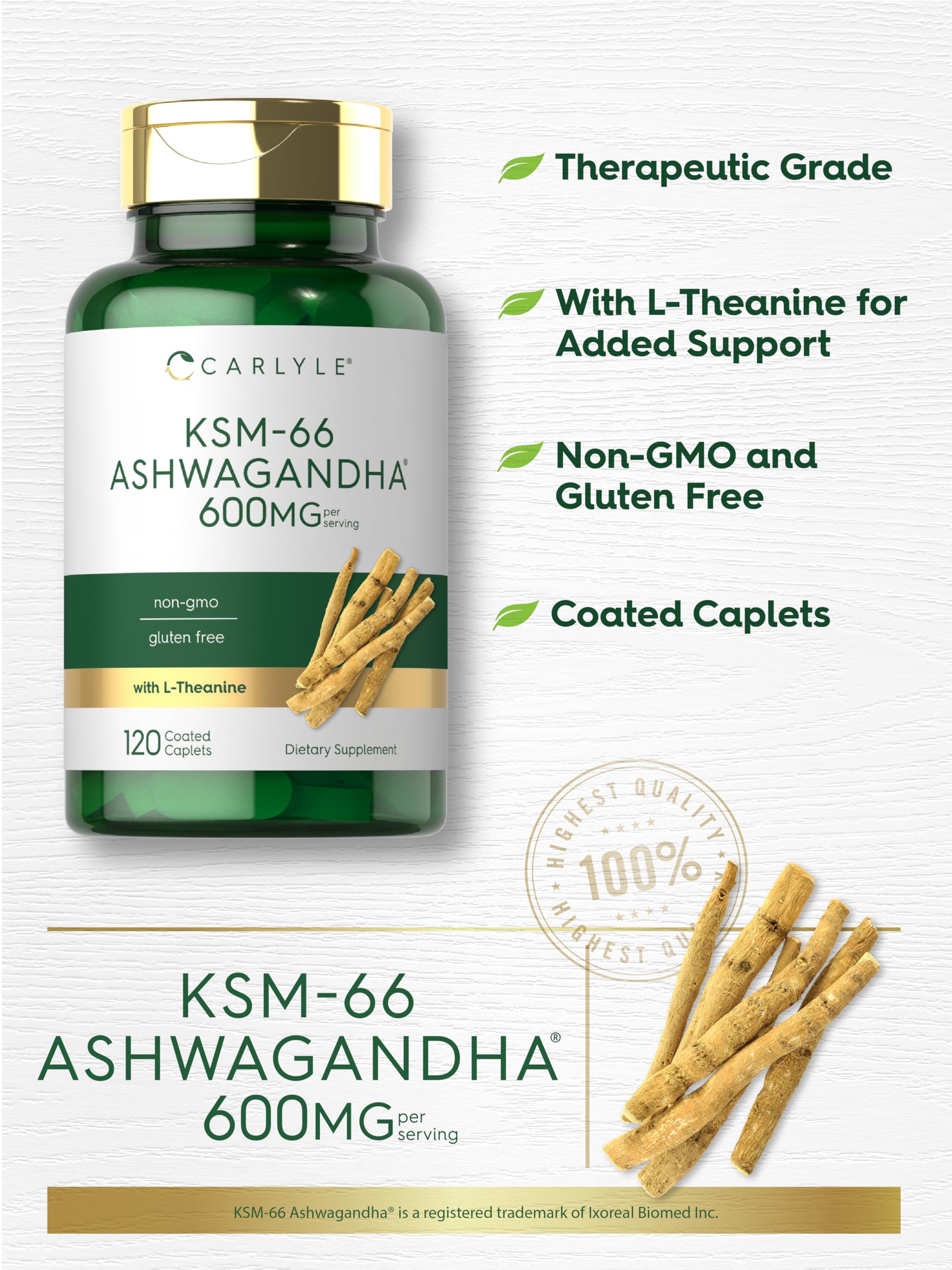 Etiqueta Carlyle Ashwagandha, sin gluten y sin OGM
