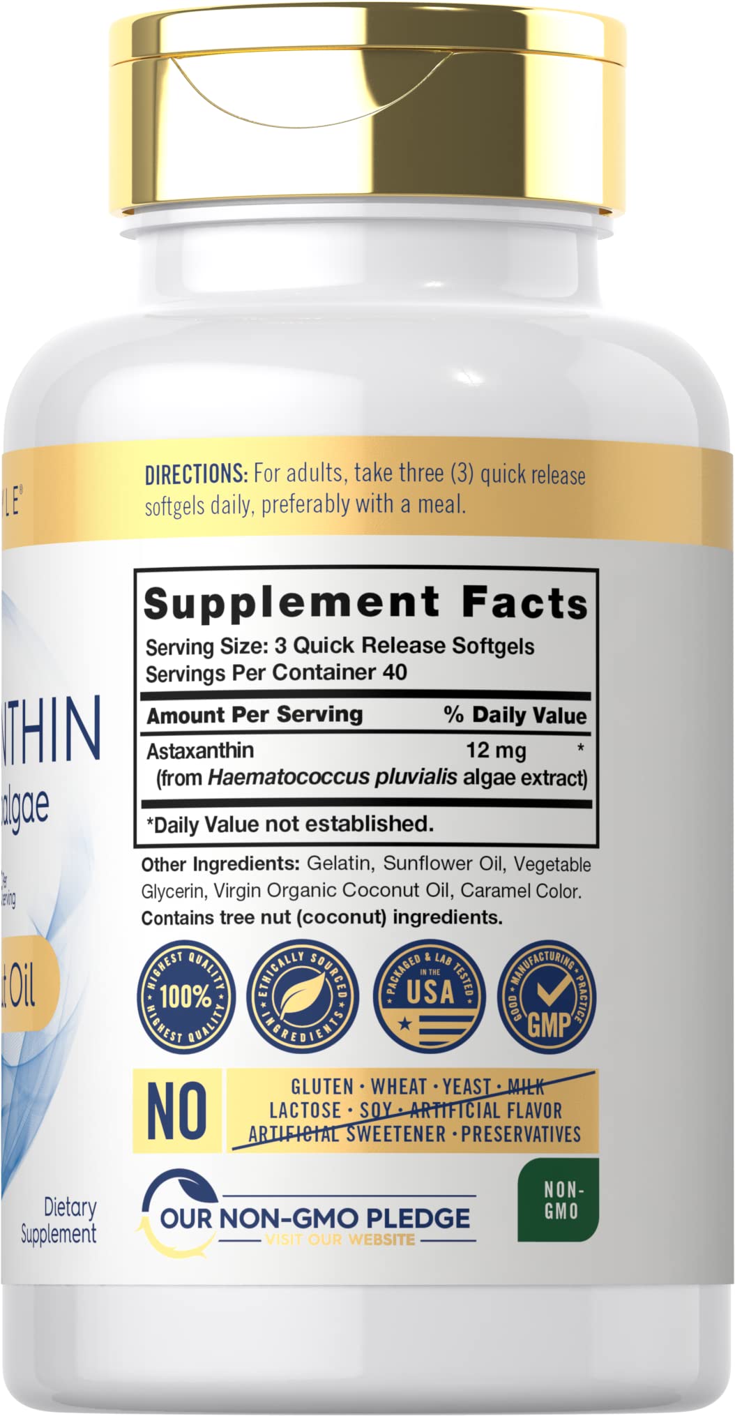 Carlyle Astaxantina cápsulas con aceite de coco para absorción suave.