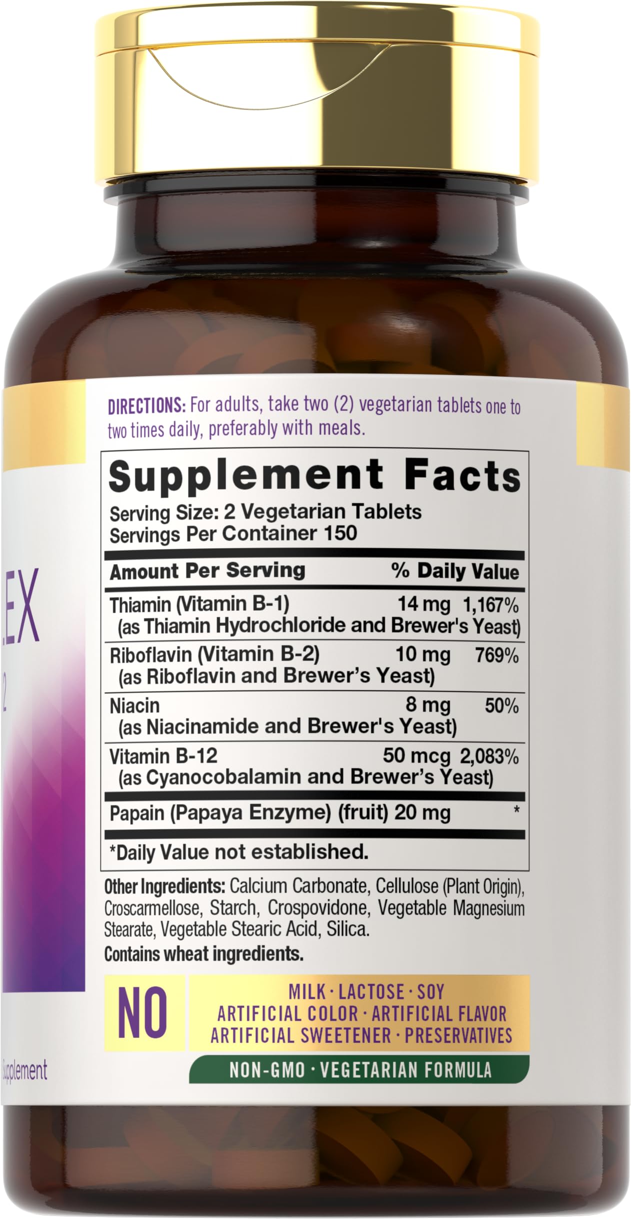 Carlyle B-Complex B12: etiqueta detalle destacando ingredientes clave.