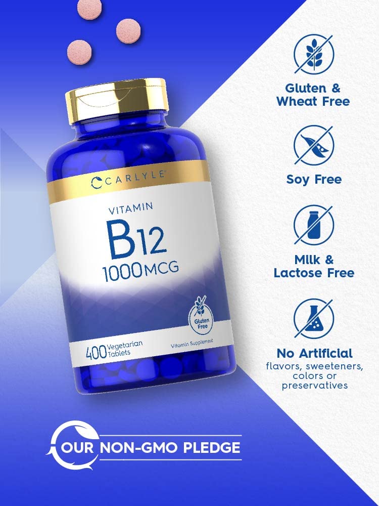Tabletas Carlyle B12 1000 mcg, dosis diaria conveniente.