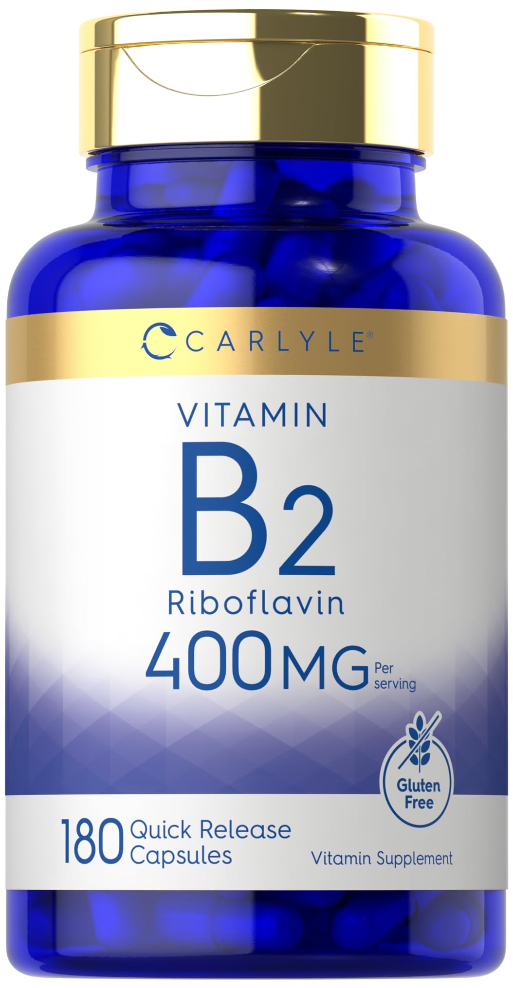 Botella Carlyle B2 400 mg, vista frontal, para uso diario sin gluten.