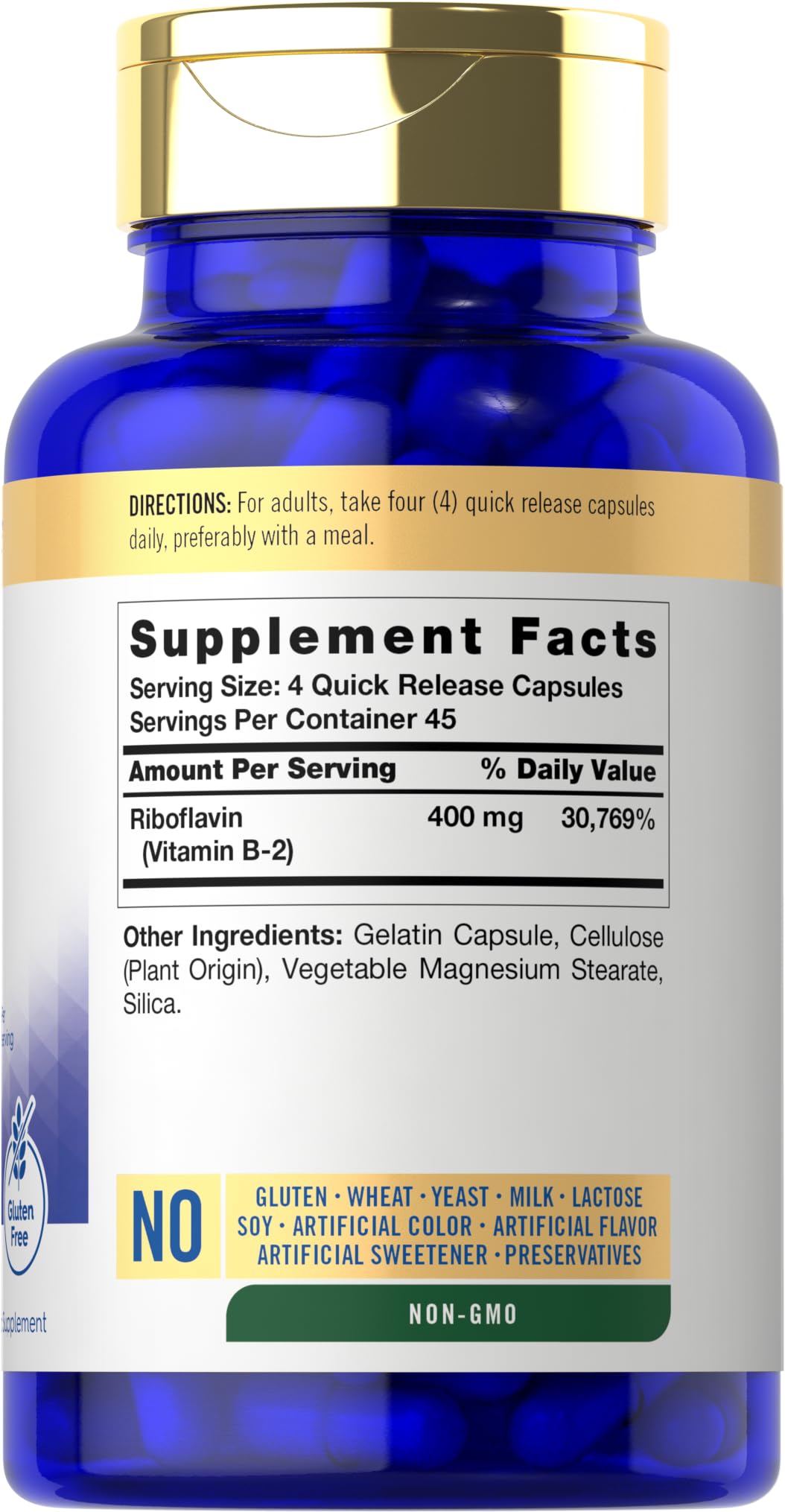 Etiqueta frontal Carlyle B2 400 mg, diseño claro y sin gluten.