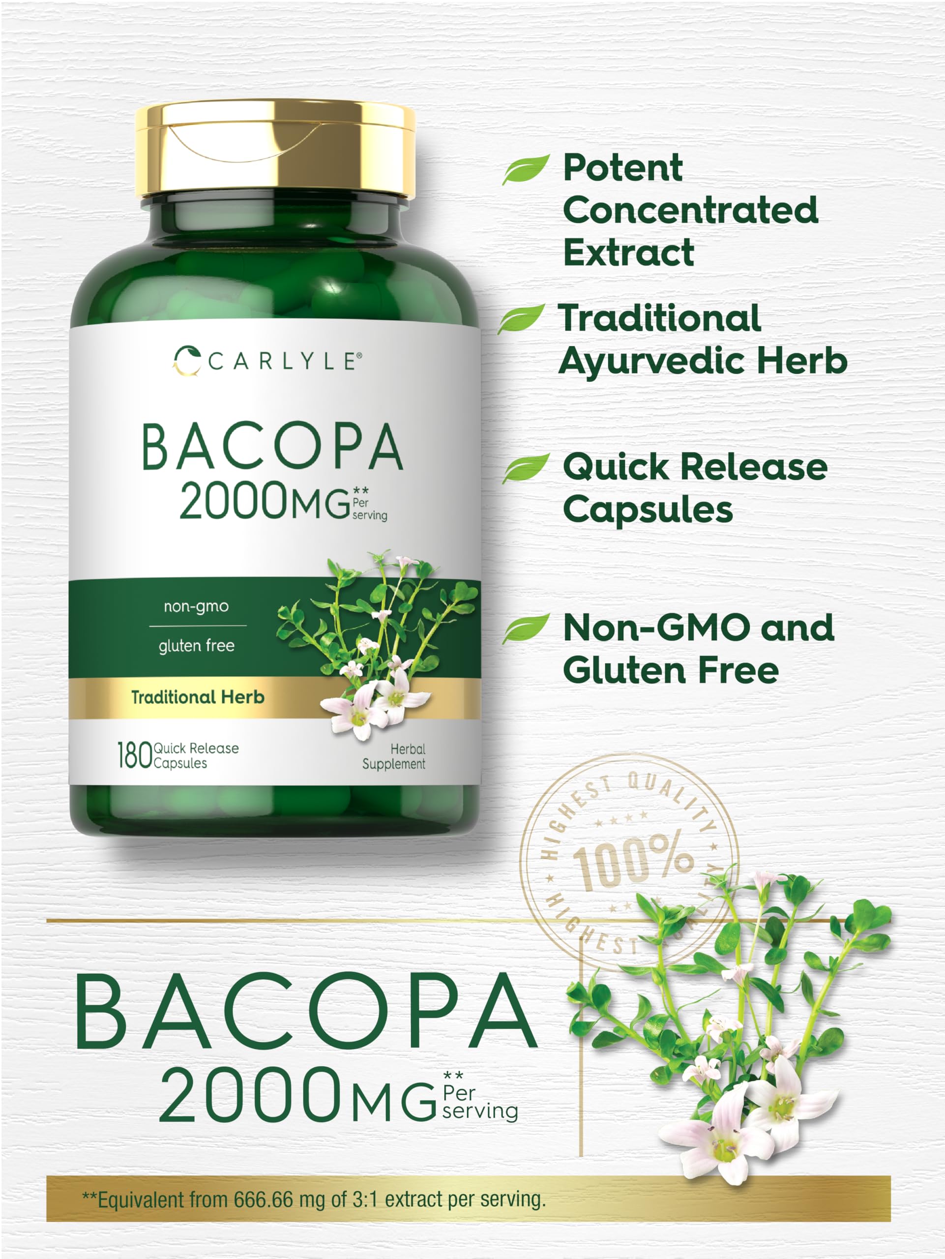 Carlyle Bacopa Monnieri cápsulas: laboratorio certificado y pureza garantizada.