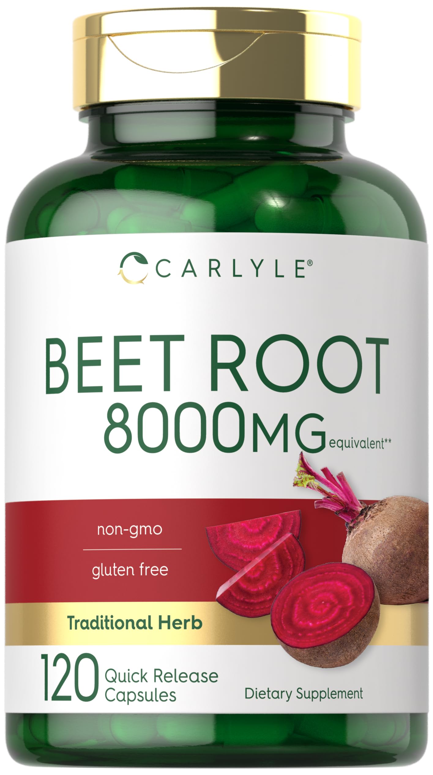 Carlyle Beet Root Capsules frasco: formato de liberación rápida para uso diario.