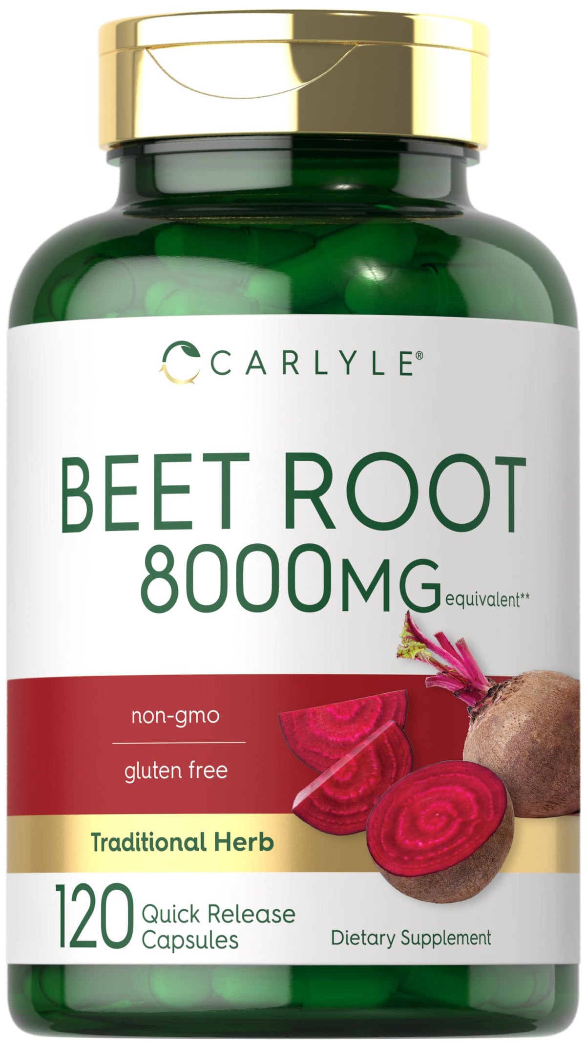 Carlyle Beet Root Capsules frasco: formato de liberación rápida para uso diario.