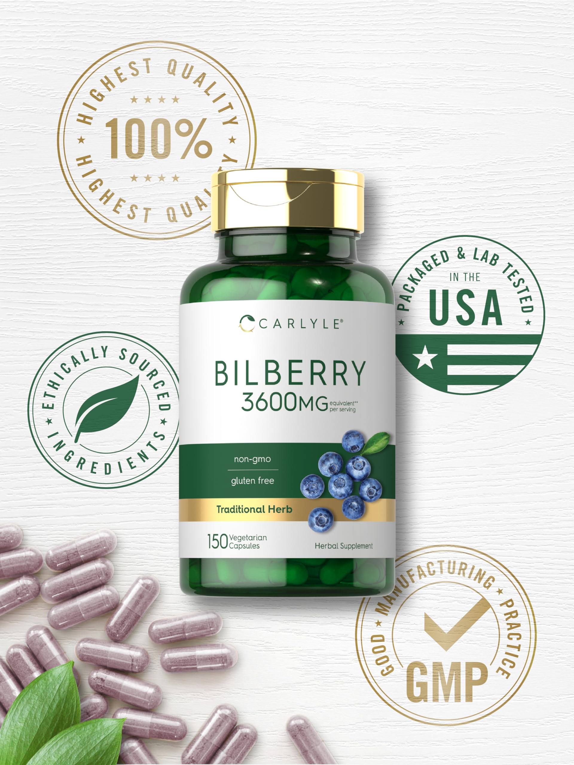 Detalle de ingredientes: bilberry de alta calidad y fórmula vegetariana.