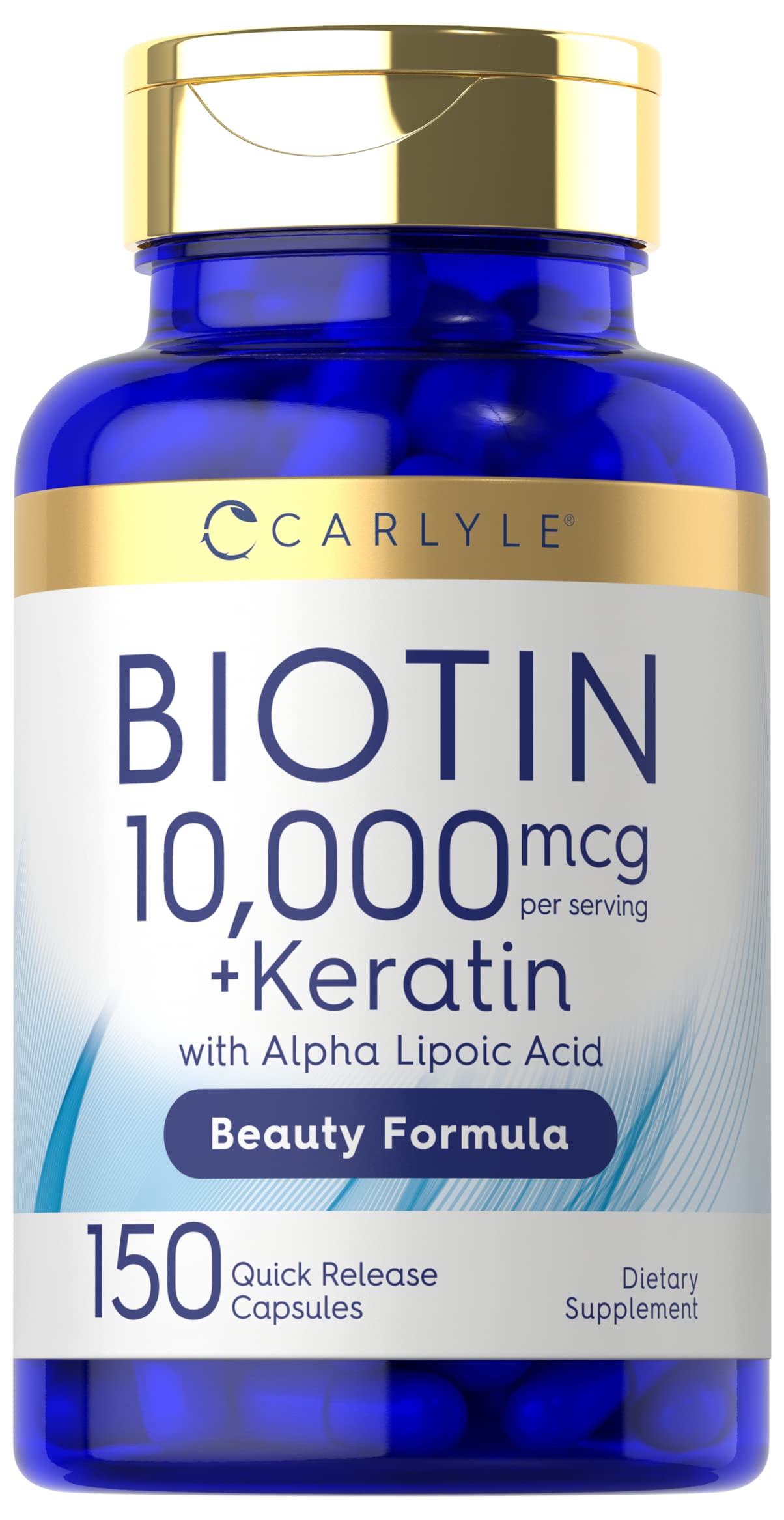 Carlyle Biotin 10000mcg en botella para cabello, piel y uñas.