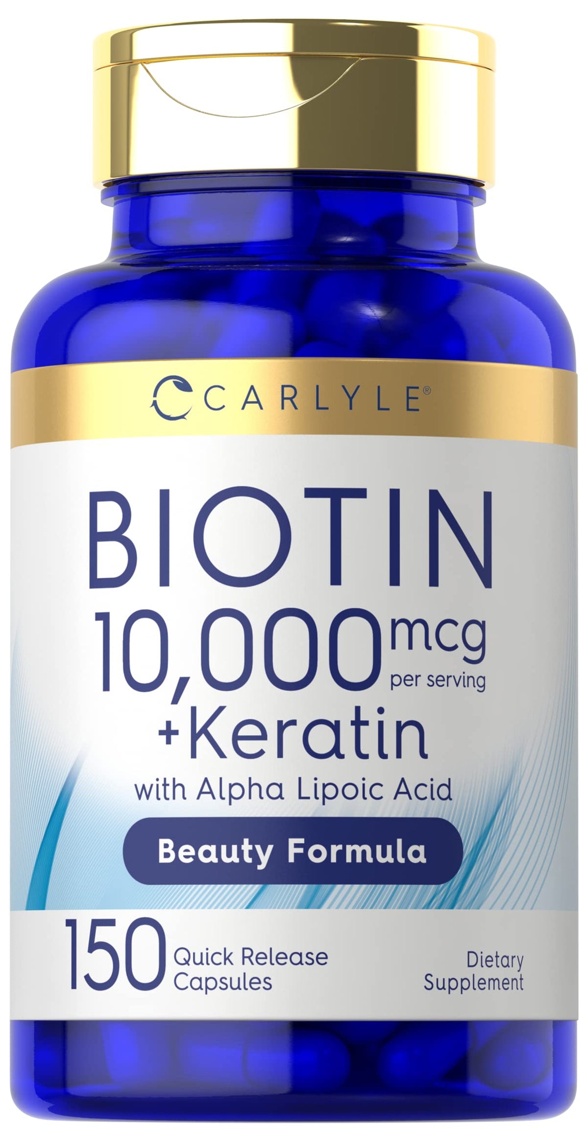 Carlyle Biotin 10000mcg en botella para cabello, piel y uñas.