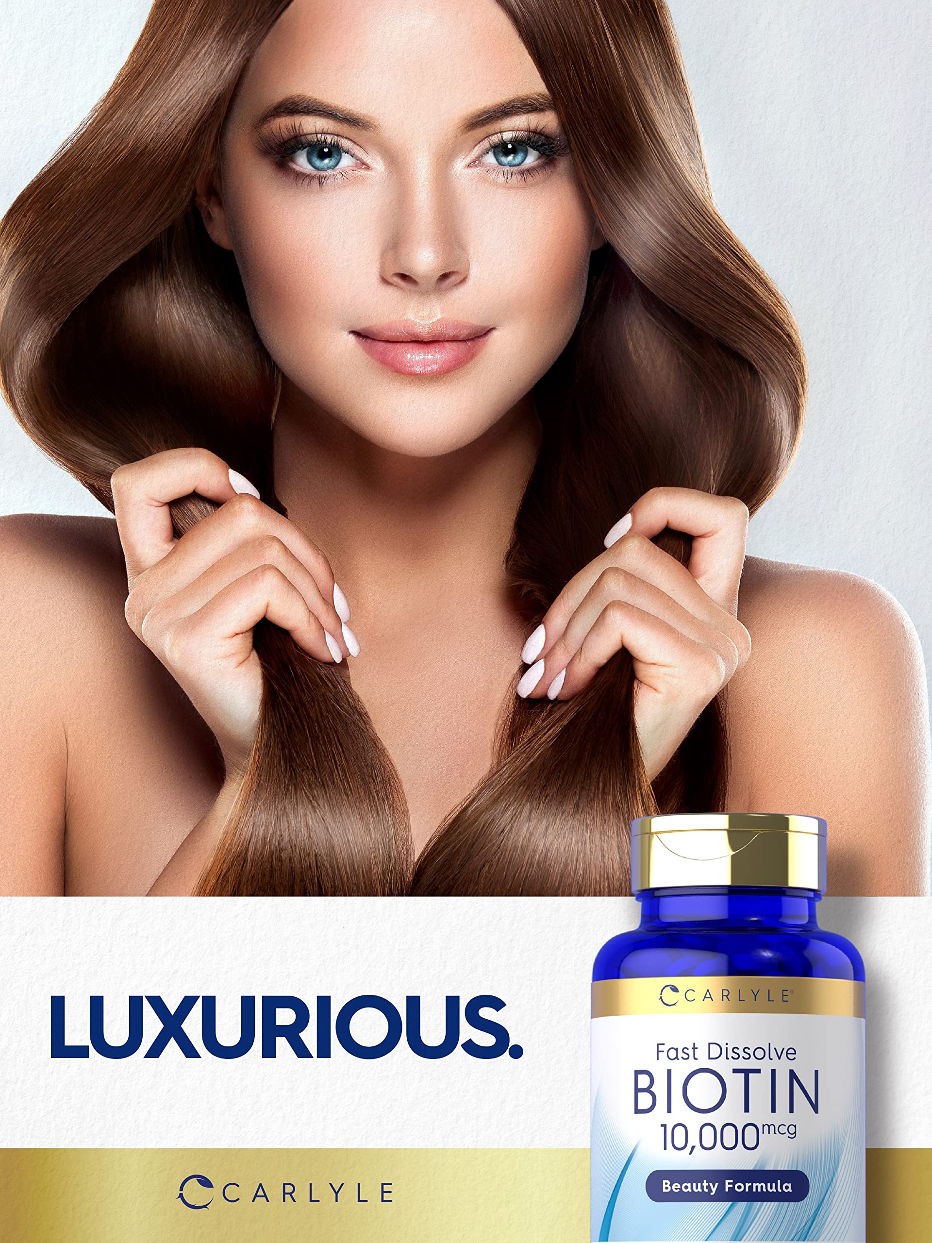 Carlyle Biotin 10000mcg, detalle de tableta para uso diario facil.