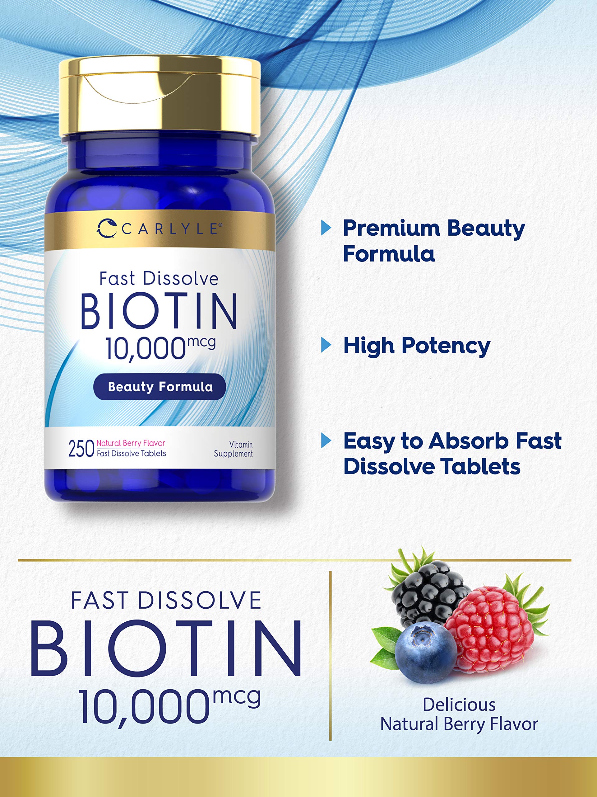 Carlyle Biotin 10000mcg, empaque de 250 dosis para conveniencia diaria.