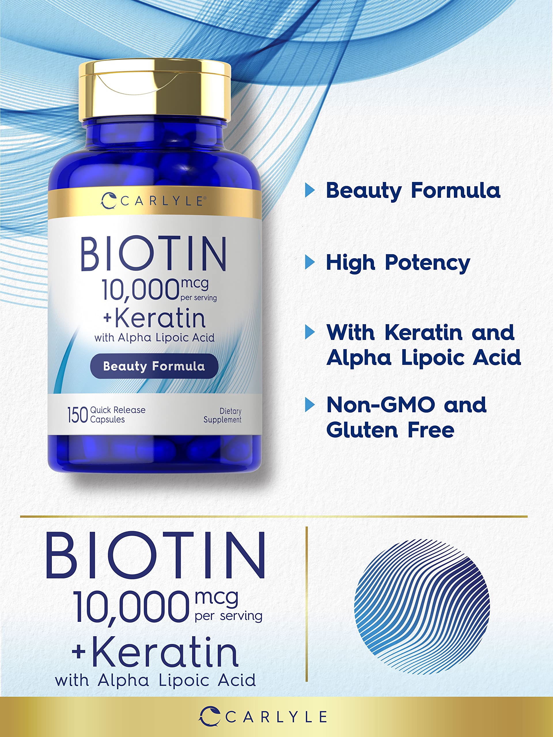 Etiqueta nutricional de Carlyle Biotin 10000mcg destacando la dosis alta.