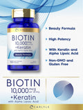 Etiqueta nutricional de Carlyle Biotin 10000mcg destacando la dosis alta.