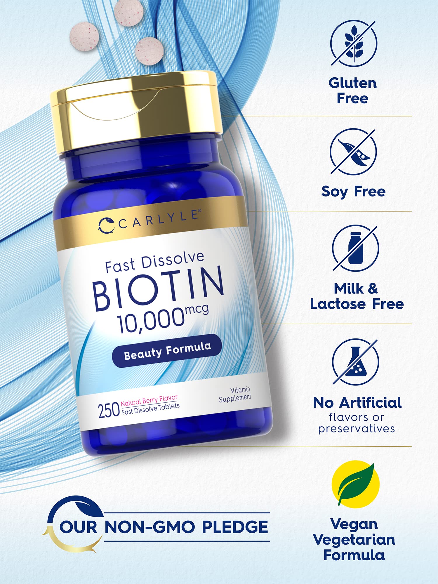Carlyle Biotin 10000mcg, formula vegetariana para uso diario.