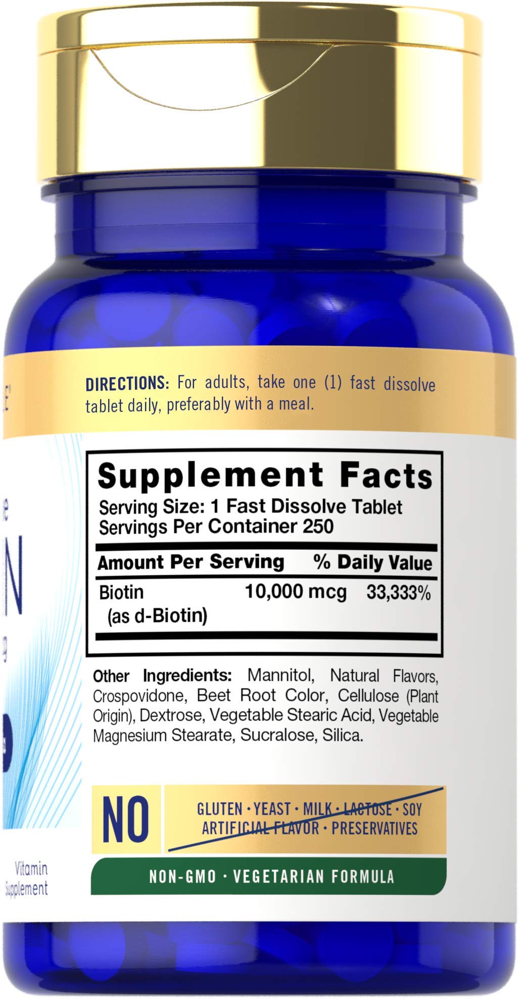 Carlyle Biotin 10000mcg, sabor a frambuesa natural para gusto agradable.