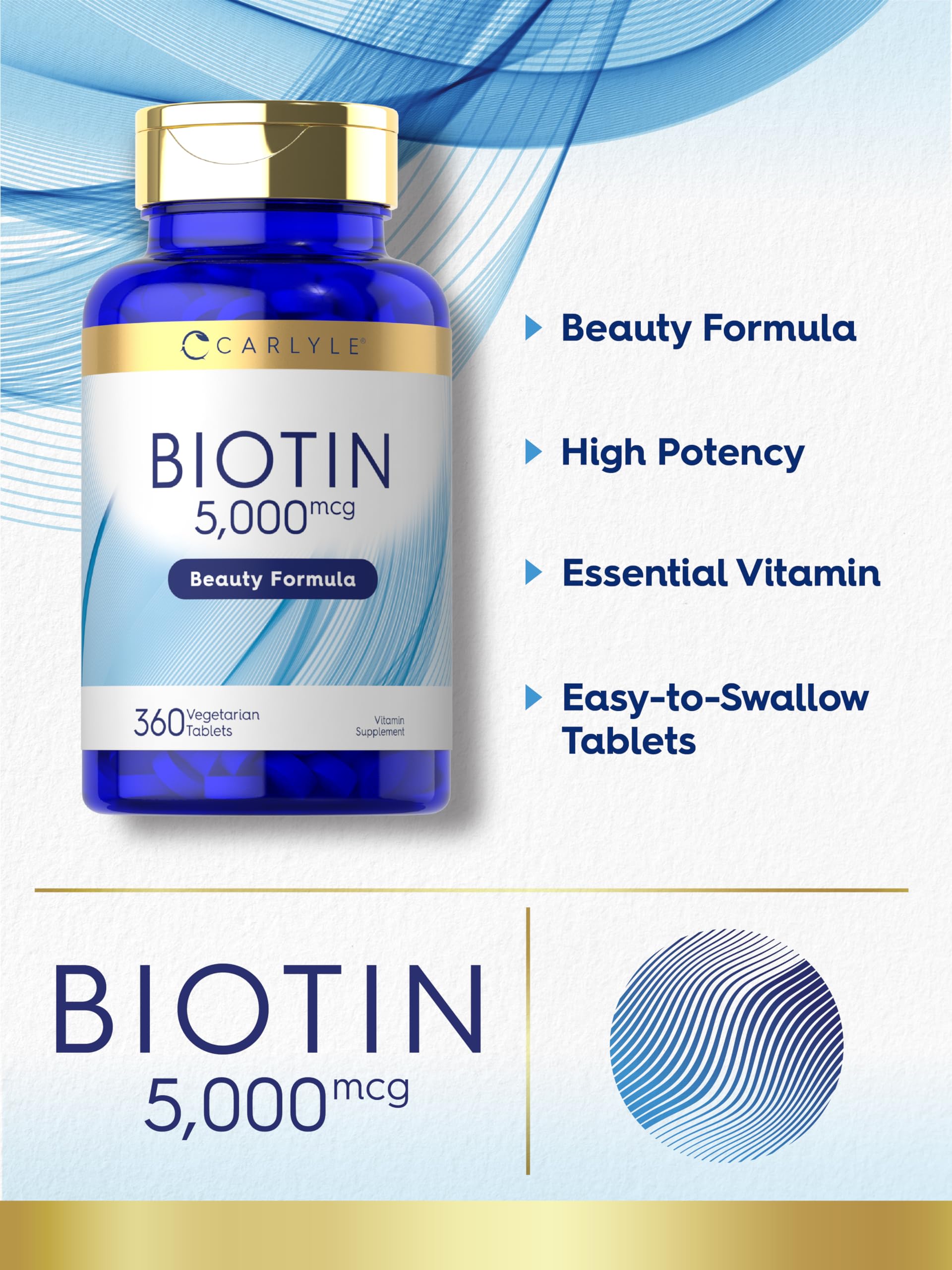 Etiqueta nutricional de Carlyle Biotin 5000mcg para dosis diarias