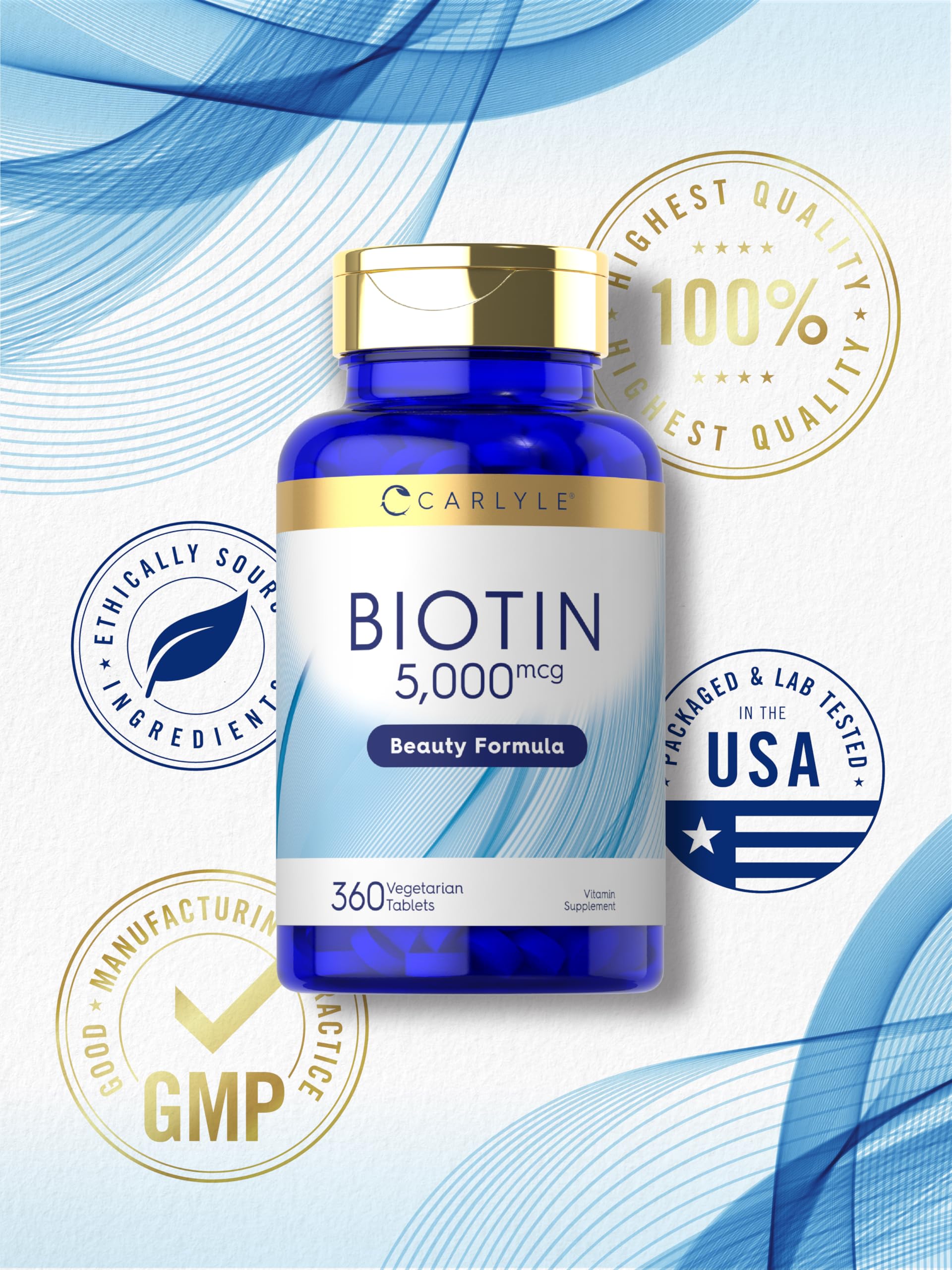 Presentación de Carlyle Biotin 5000mcg sin gluten ni OGM