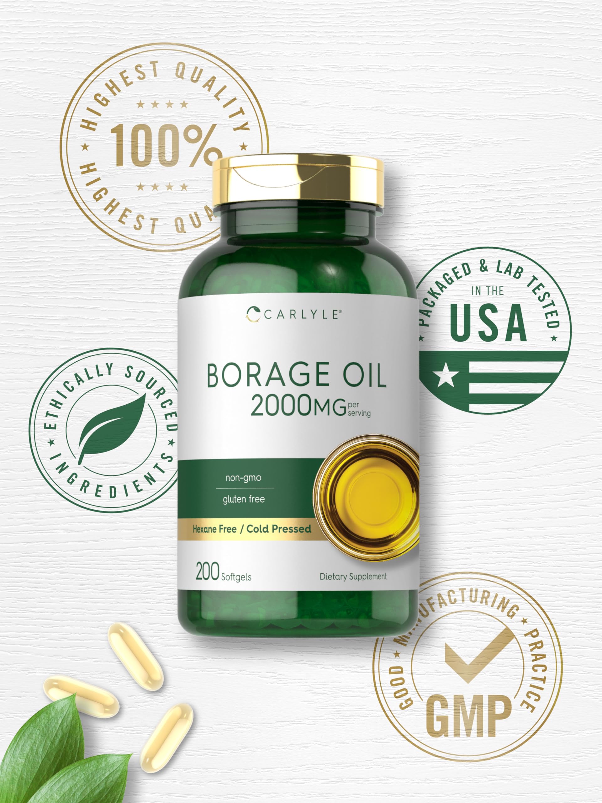 Ingredientes de Carlyle Borage Oil, libre de gluten para dietas.