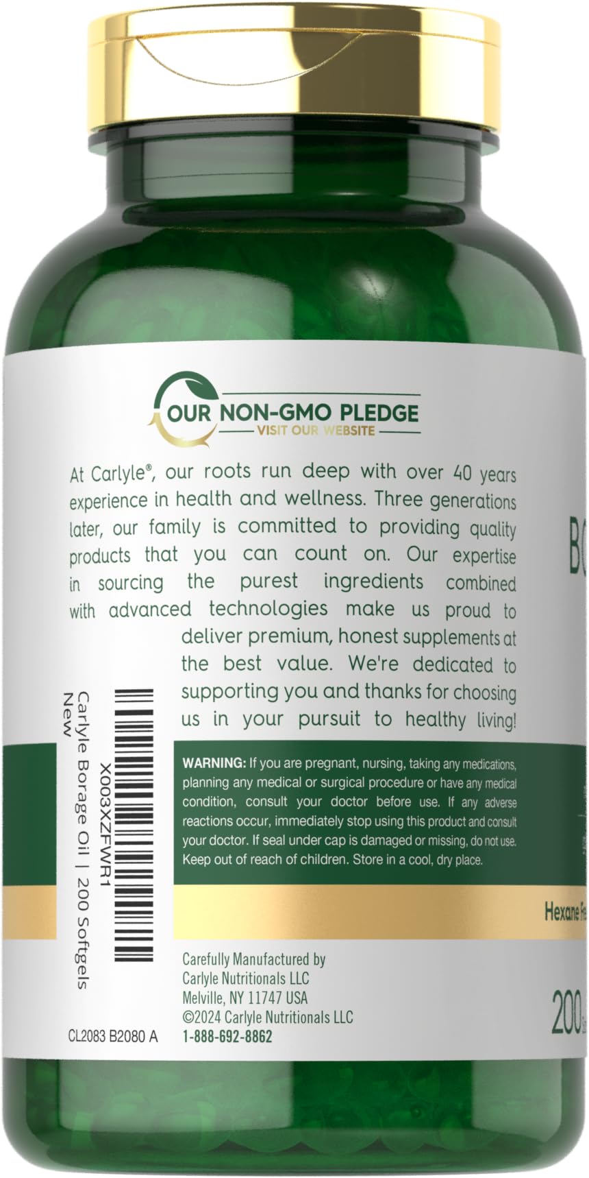 Etiqueta Carlyle Borage Oil, detalle de ingredientes y advertencias de uso.